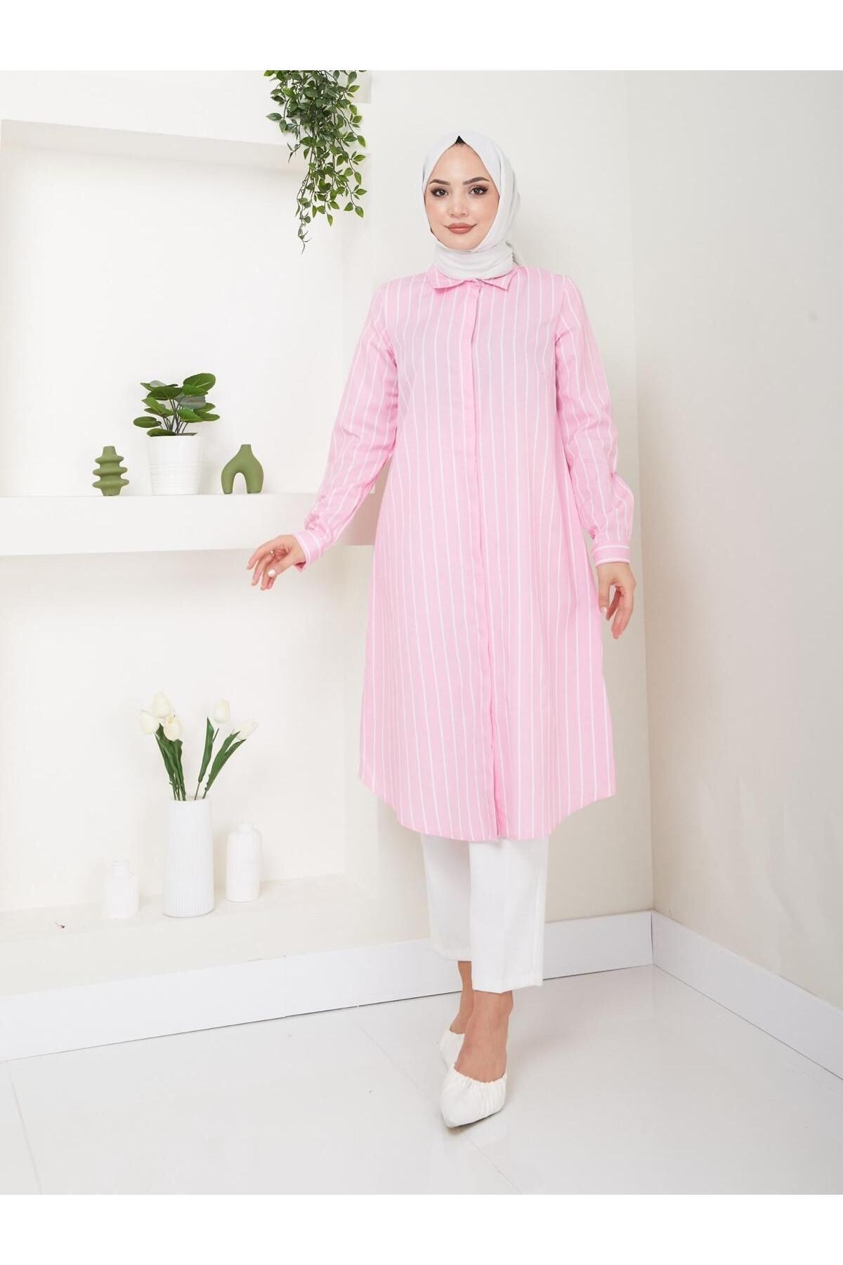 Uzun Gömlek Tunik Poplin Kumaş - çizgili pembe