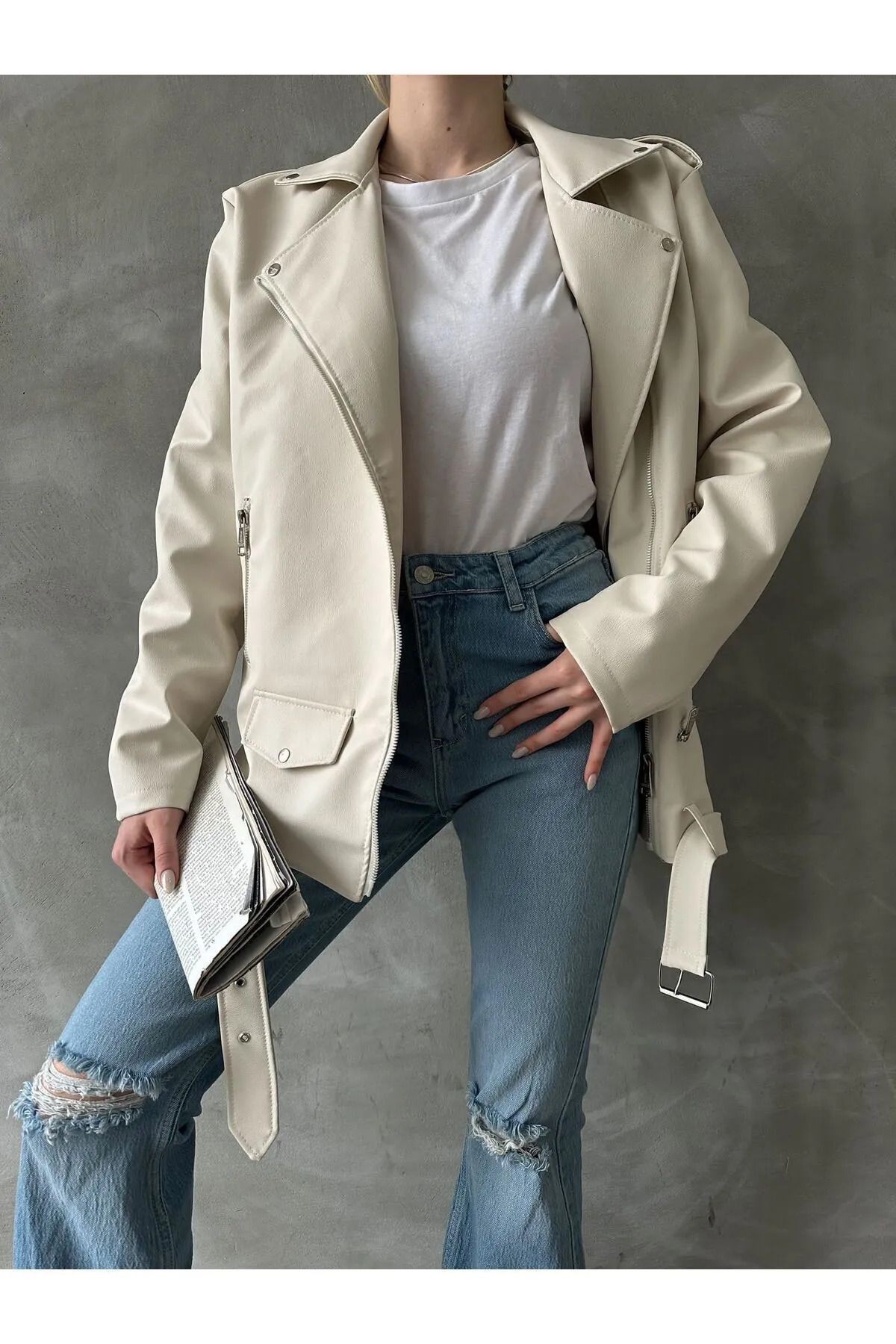 Oversize Kadın Uzun Biker Deri Ceket