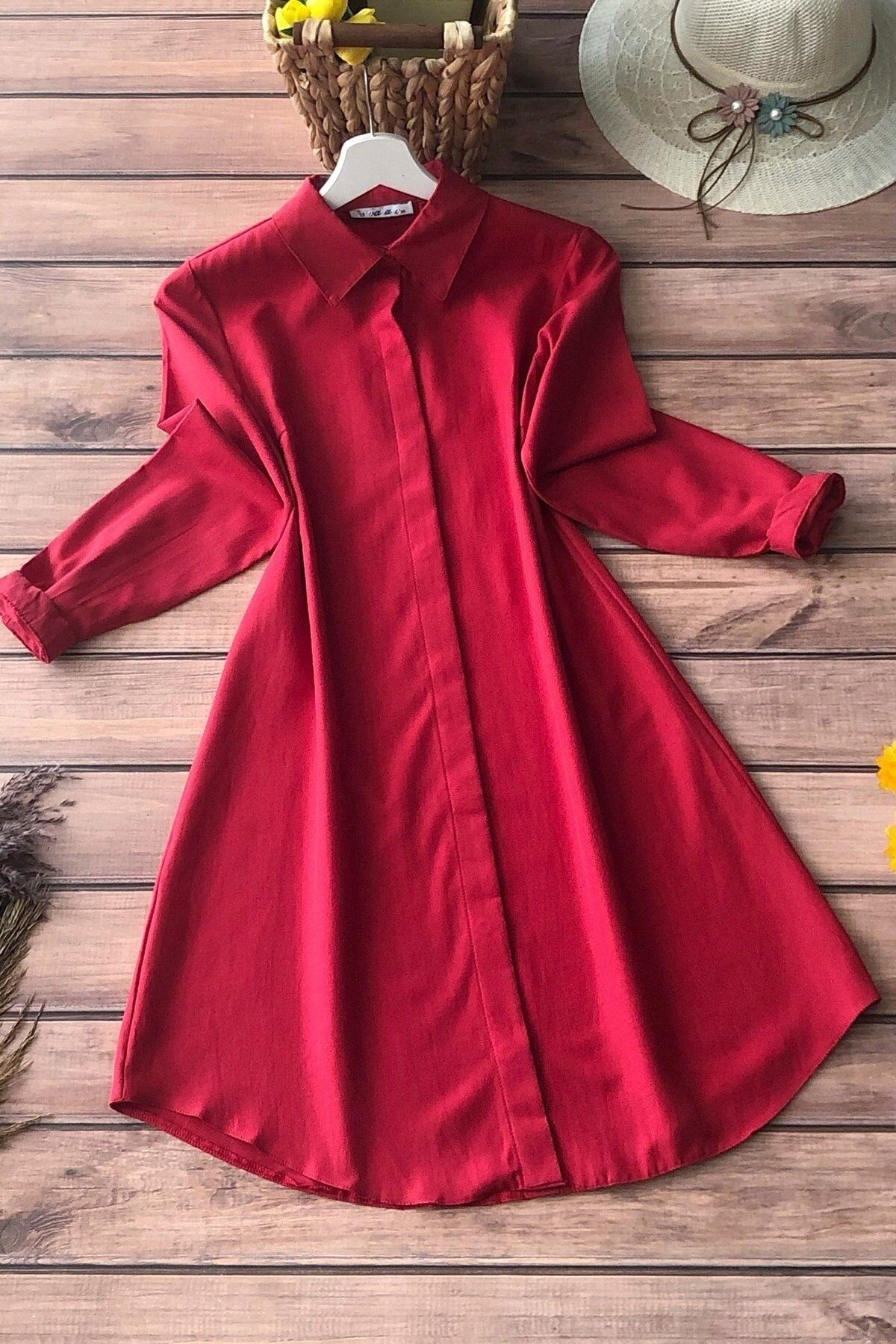 Kadın  Siyah Boyfriend Tunik Gömlek - Kırmızı