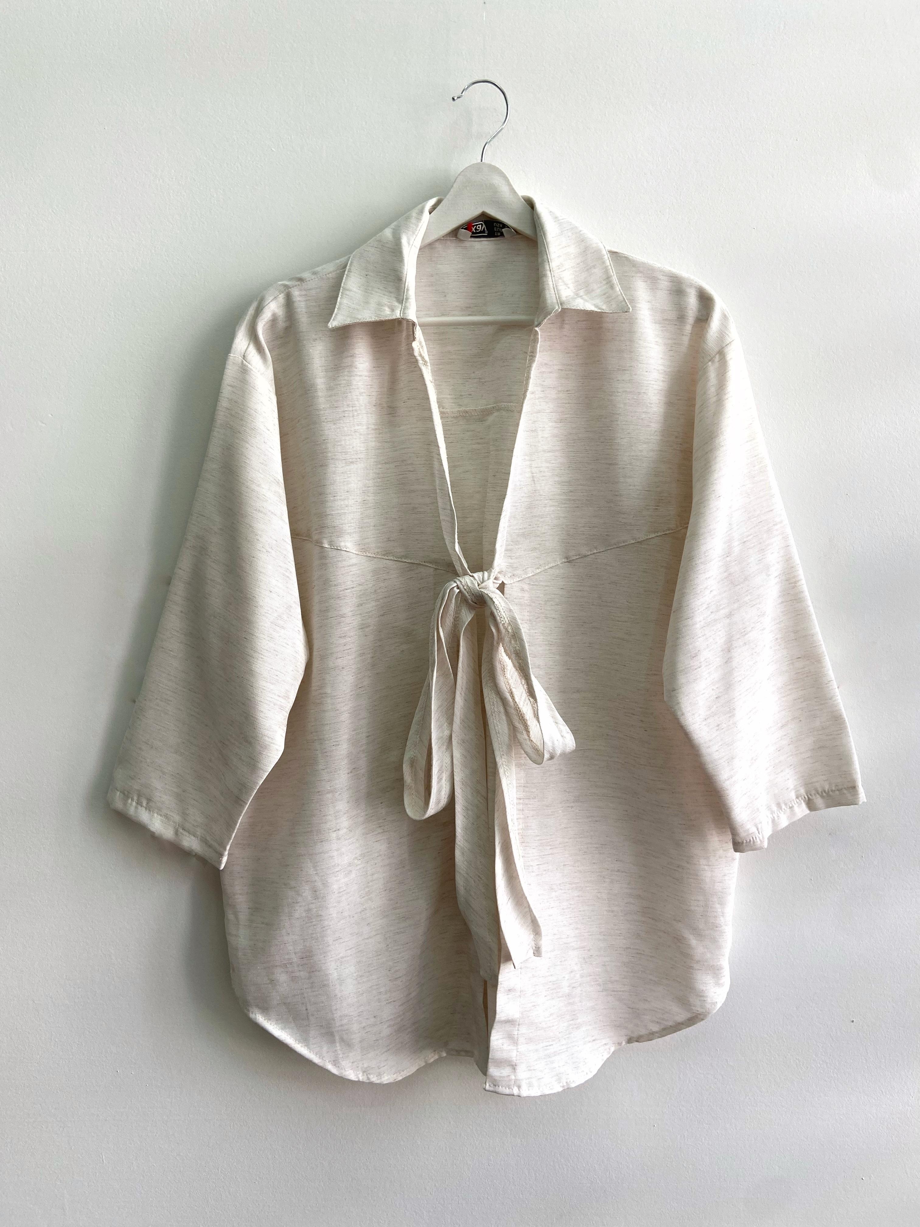 Önü Bağlamalı Düz Keten Kimono