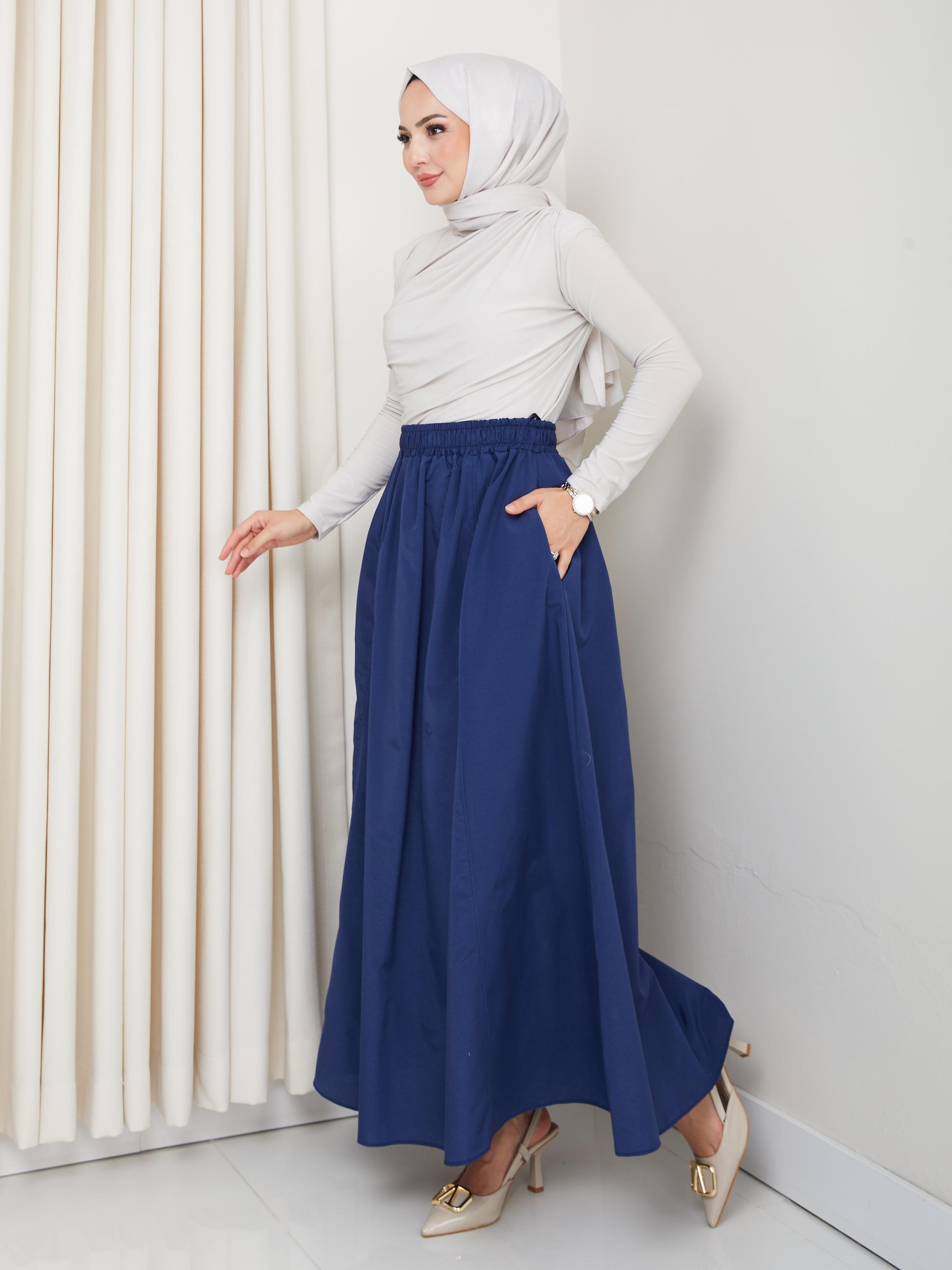 Cepli Terikoton Beli Lastikli Oversize 6 Parça Kloş Tesettür Etek - Lacivert