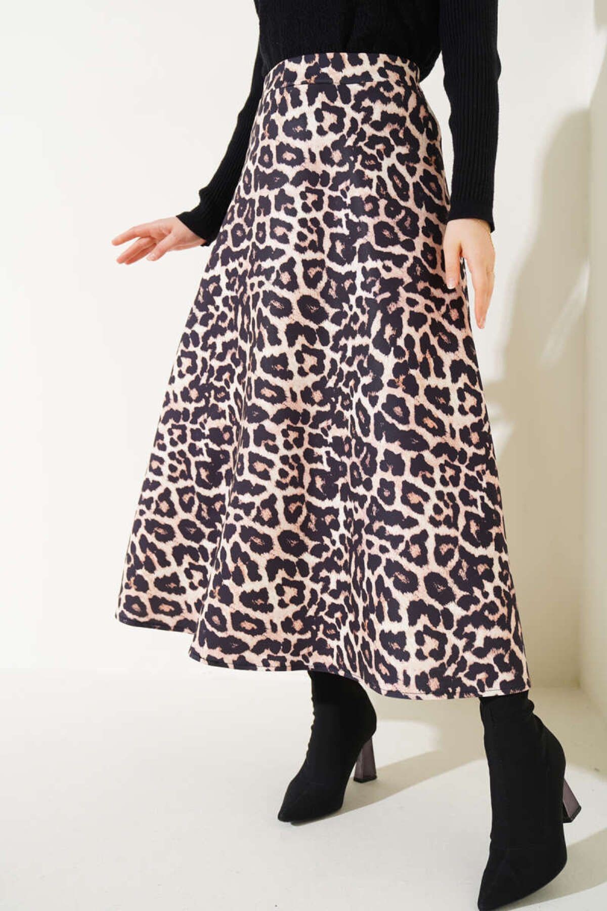 Leopar Desenli Krep Uzun Etek - büyük leopar