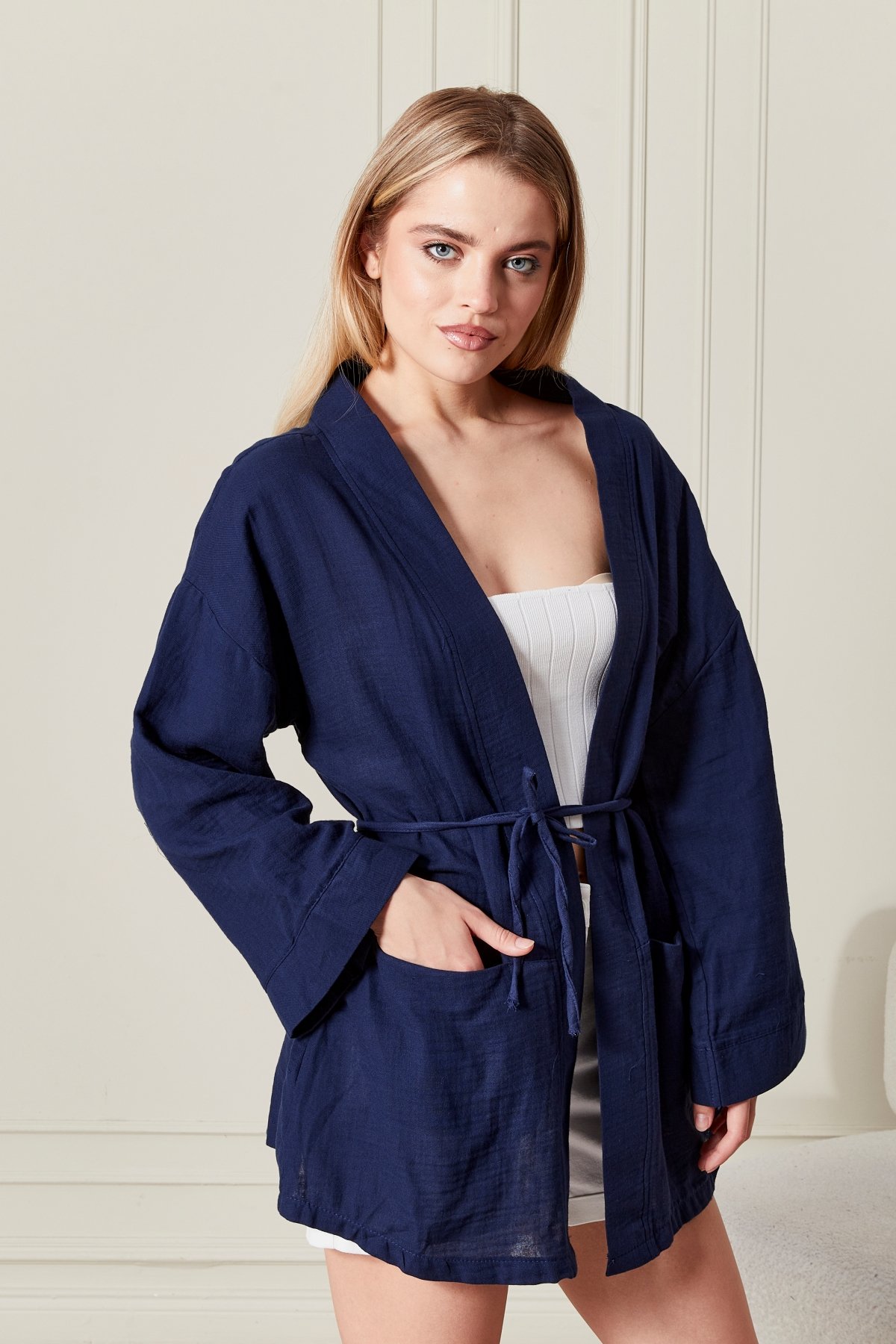 Kadın Belden Bağlamalı Kimono Pamuk Keten 4802