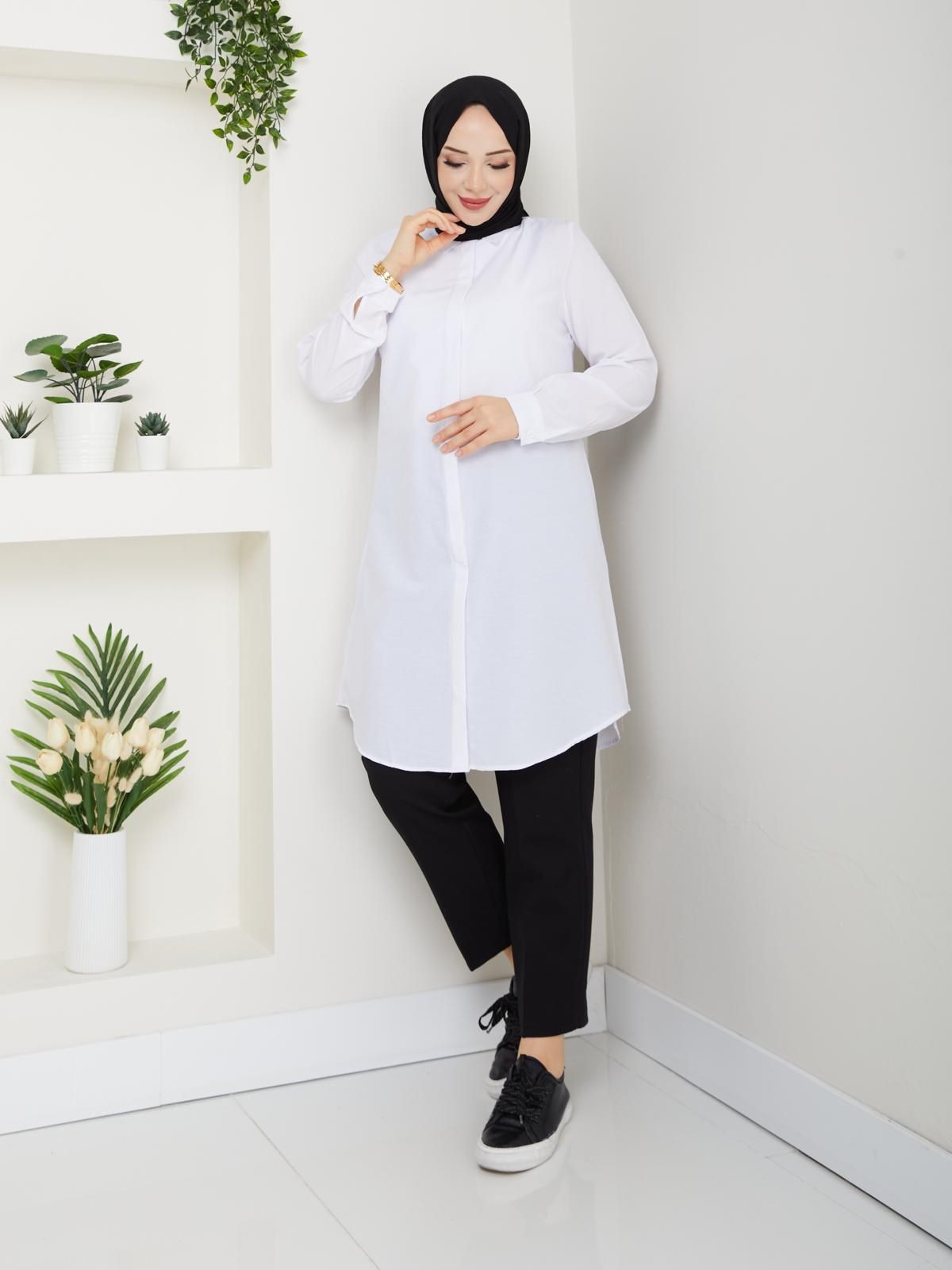 Kadın Uzun Boyfriend Gömlek Tunik , İç Göstermez Tam Kalıp Uzun Tesettür Gömlek - Beyaz