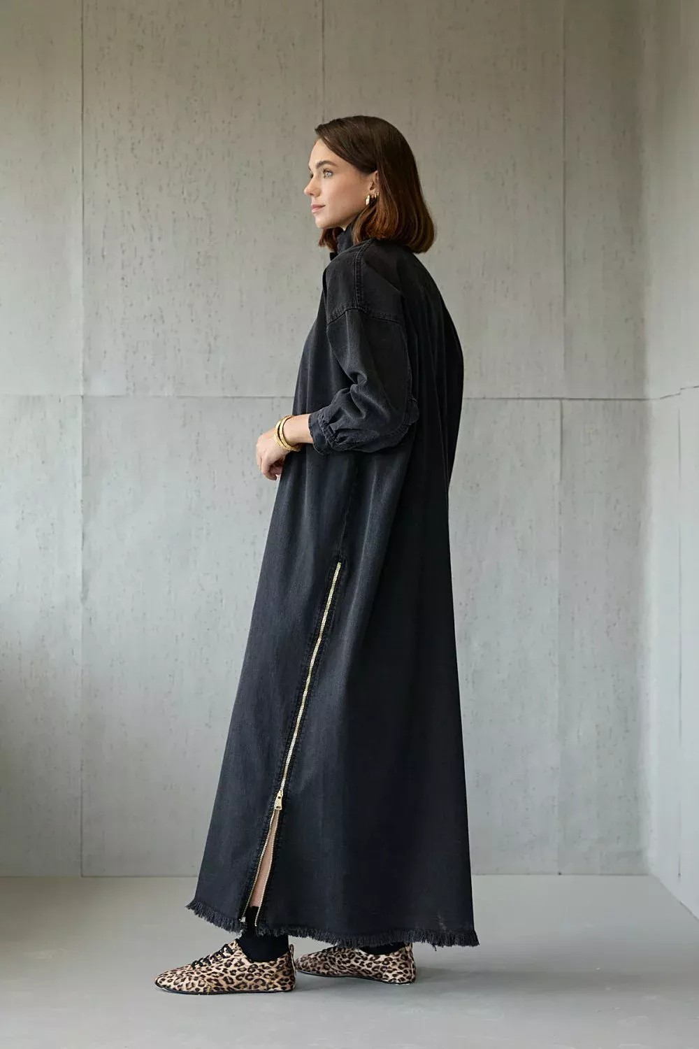 1005 Yan Fermuarlı Denim Elbise