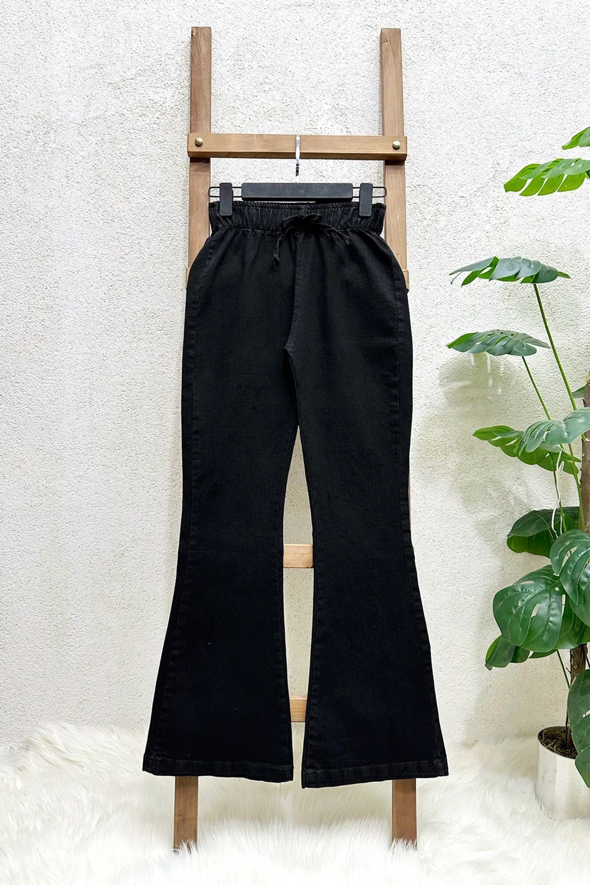 İspanyol Paça Bel Lasitkli Kot Pantolon - Siyah