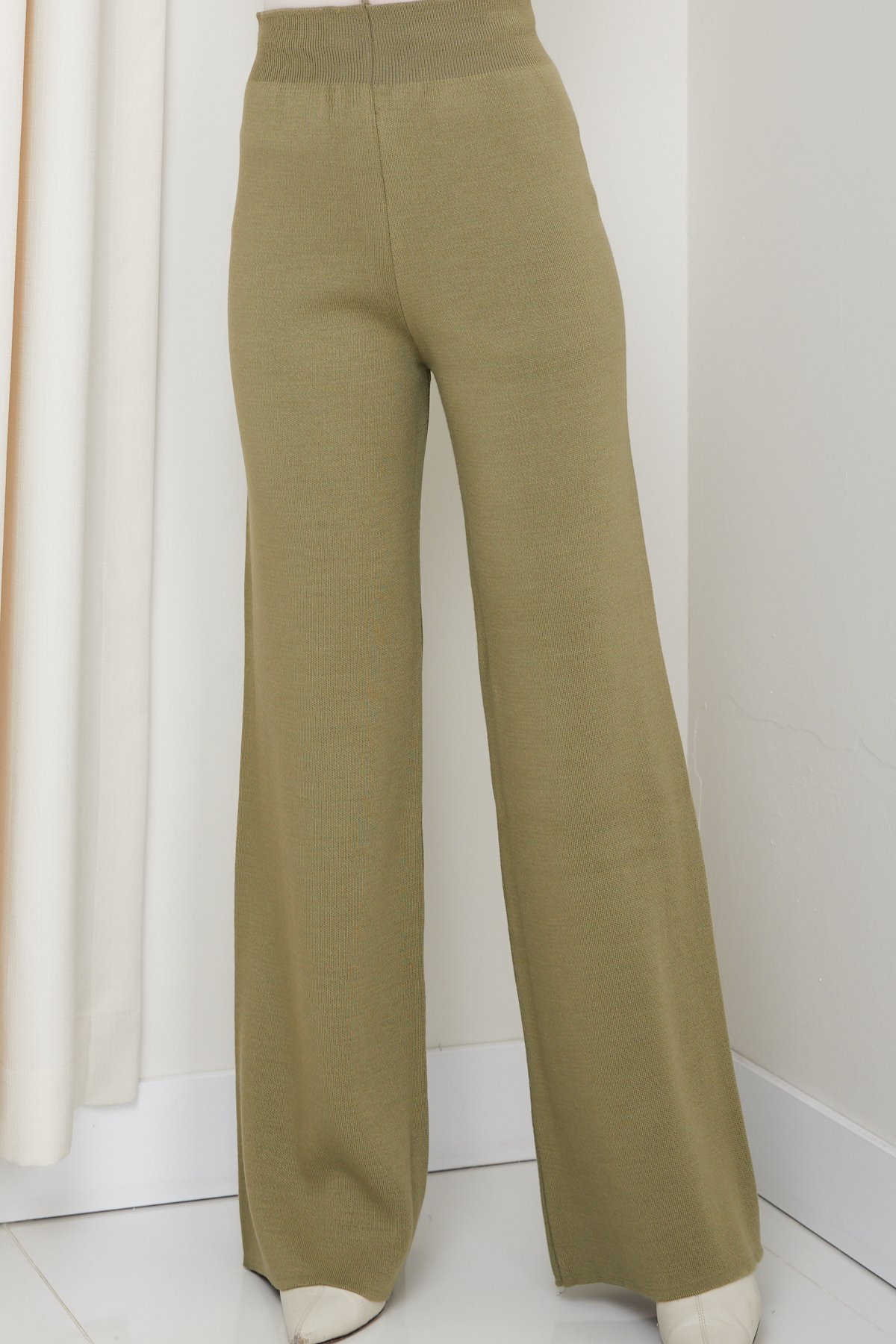 Kadın kışlık rahat kalıp bol paça comfort beli lastikli triko pantolon 1