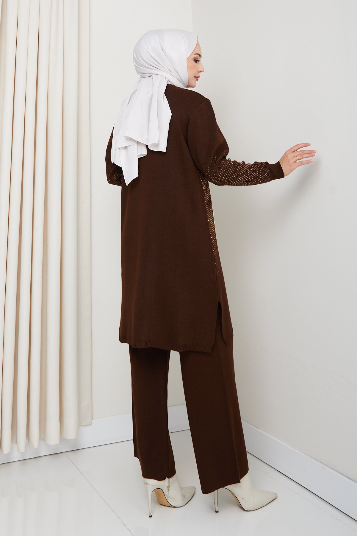 Elegance Simli Dokuma Rahat Kalıp Kadın Tunik ve Pantolon Tesettür Triko Takım