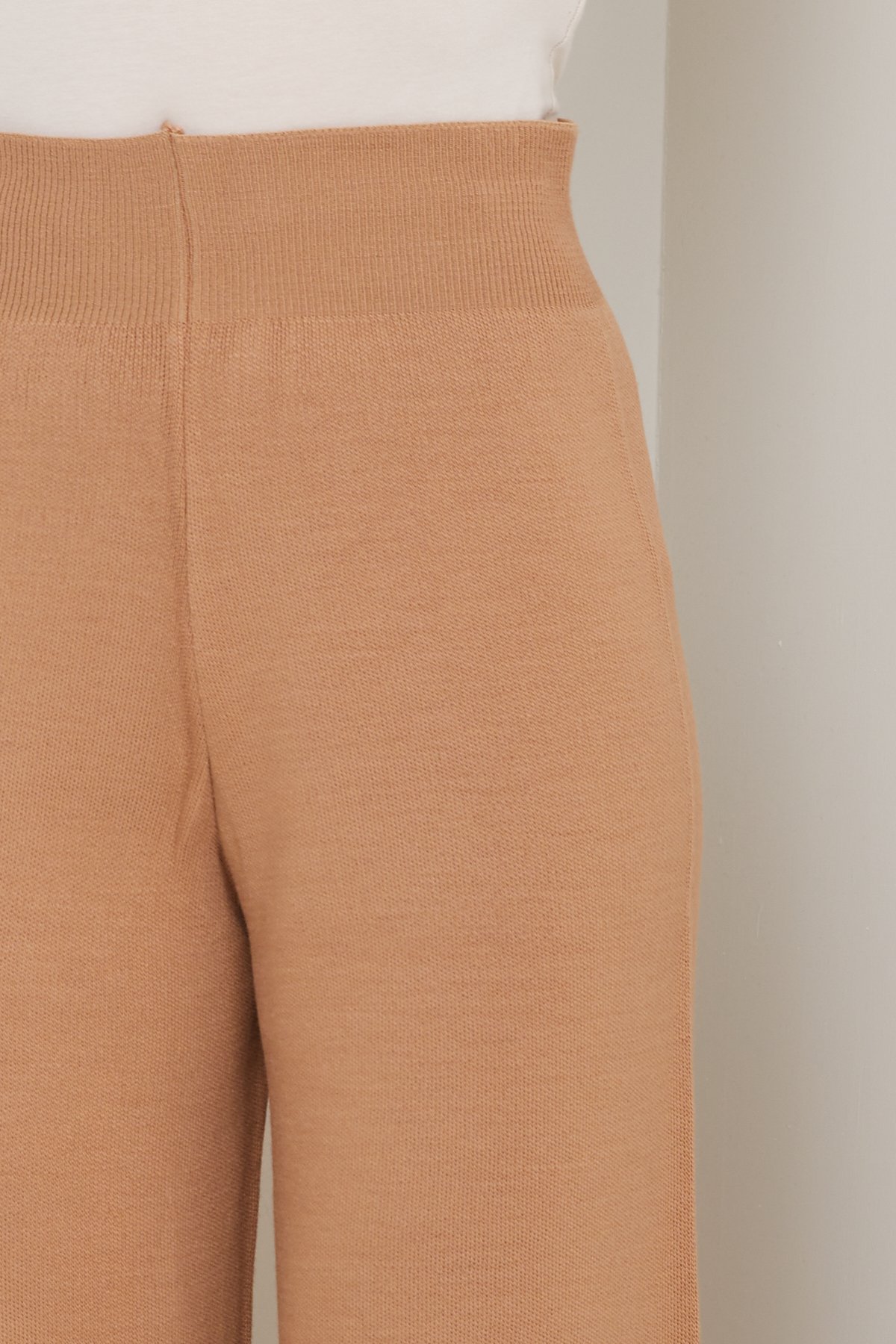 Kadın kışlık rahat kalıp bol paça comfort beli lastikli triko pantolon 1 - karamel