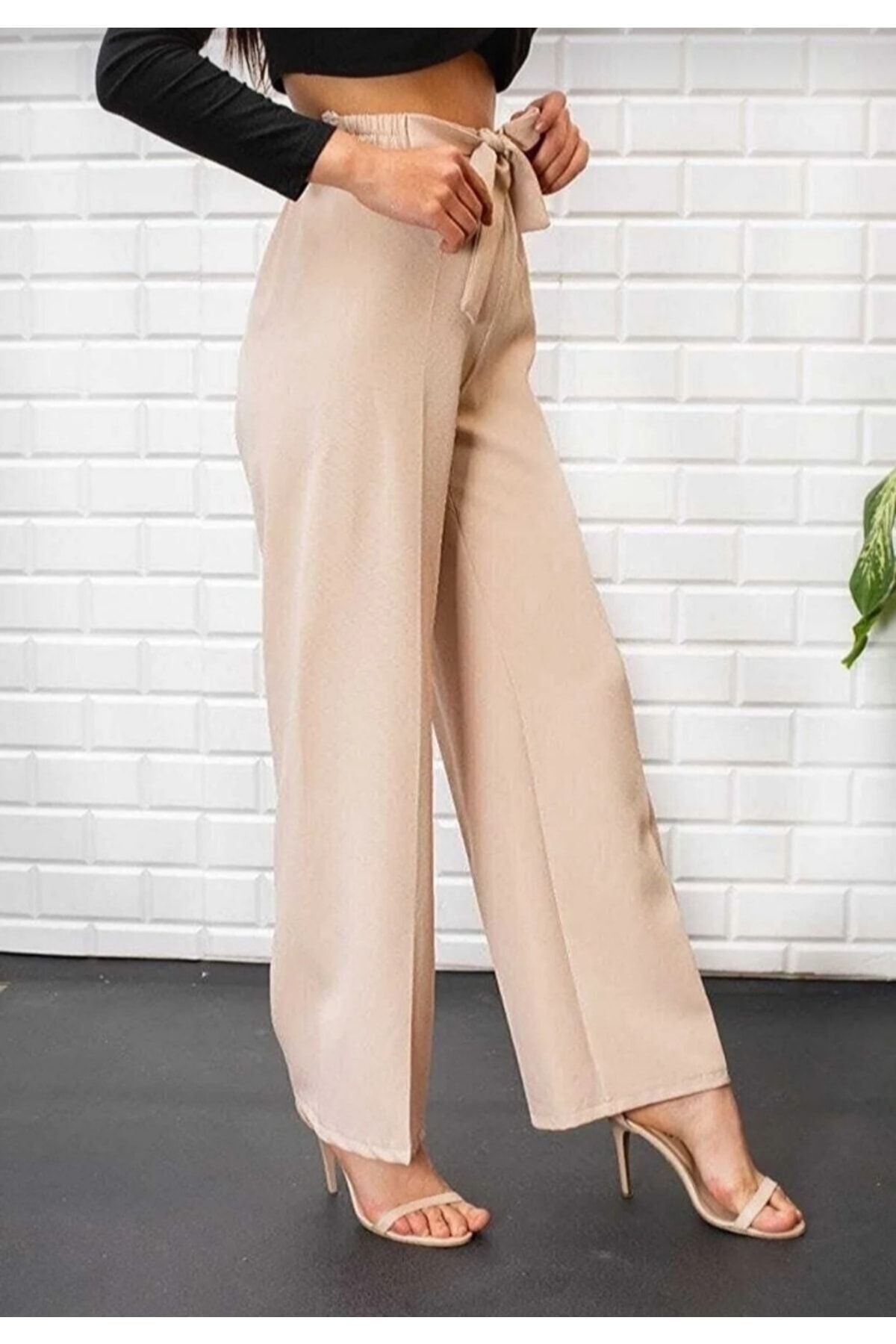 Kadın Bej Dabıl Kumaş Beli Kuşaklı Bol Paça Pantolon