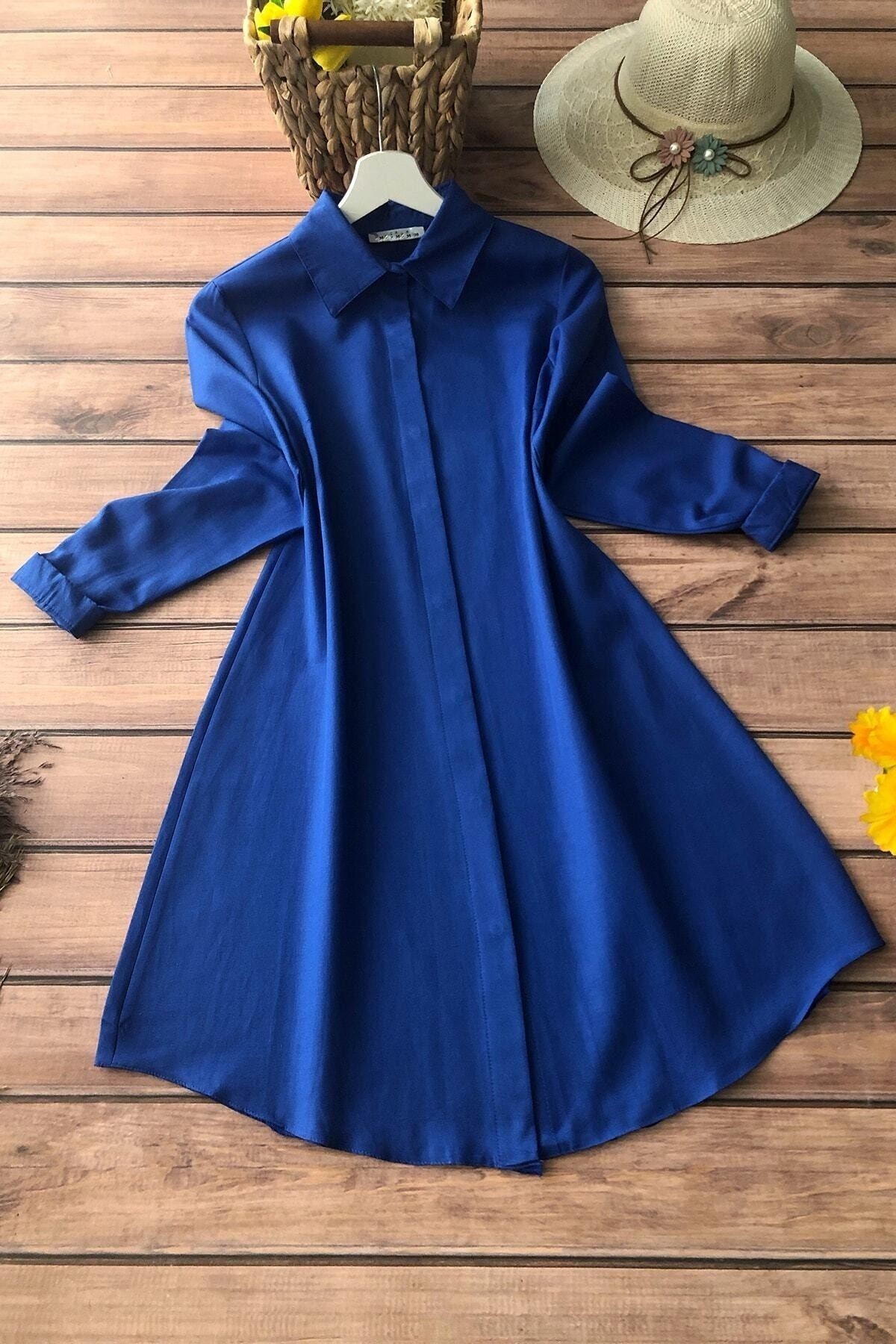 Kadın  Siyah Boyfriend Tunik Gömlek - saks mavi