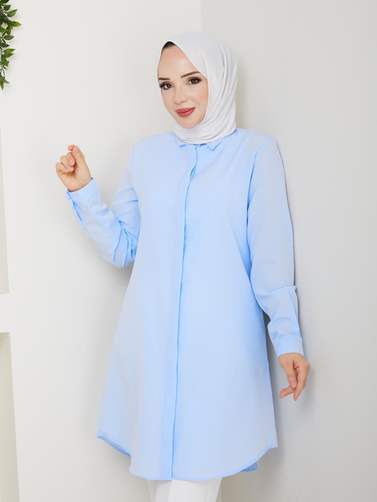 Kadın Uzun Boyfriend Gömlek Tunik , İç Göstermez Tam Kalıp Uzun Tesettür Gömlek - bebe mavi