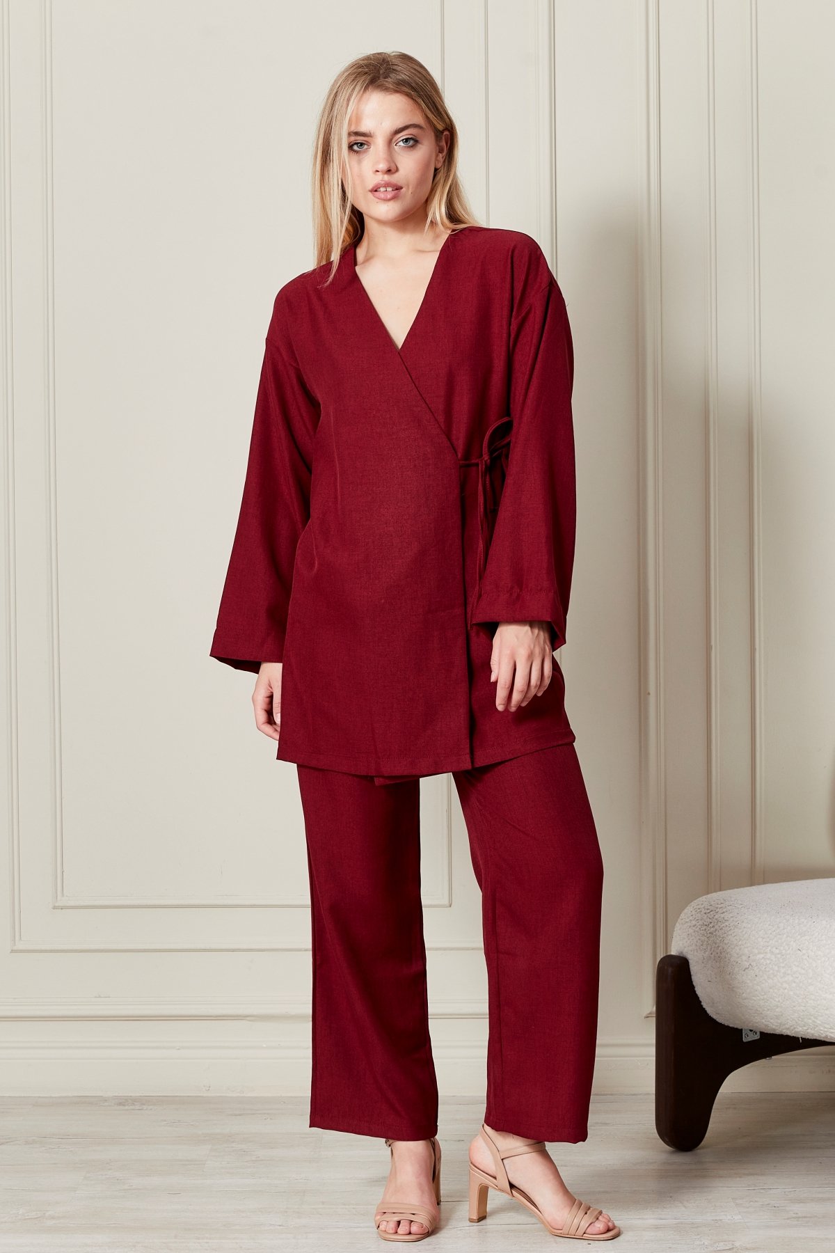 Kadın Yandan Bağlama Kimono Takım 7042 - Bordo