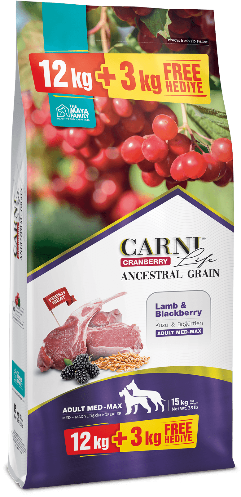 Carni Life Ancestral Grain Kuzu Etli Böğürtlenli Medium Maxı Yetişkin Köpek Maması 12+3 kg - STD