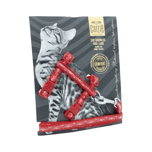 Cattie Desenli Kedi Göğüs & Gezdirme Takımı Kırmızı 1X25-40Cm - STD