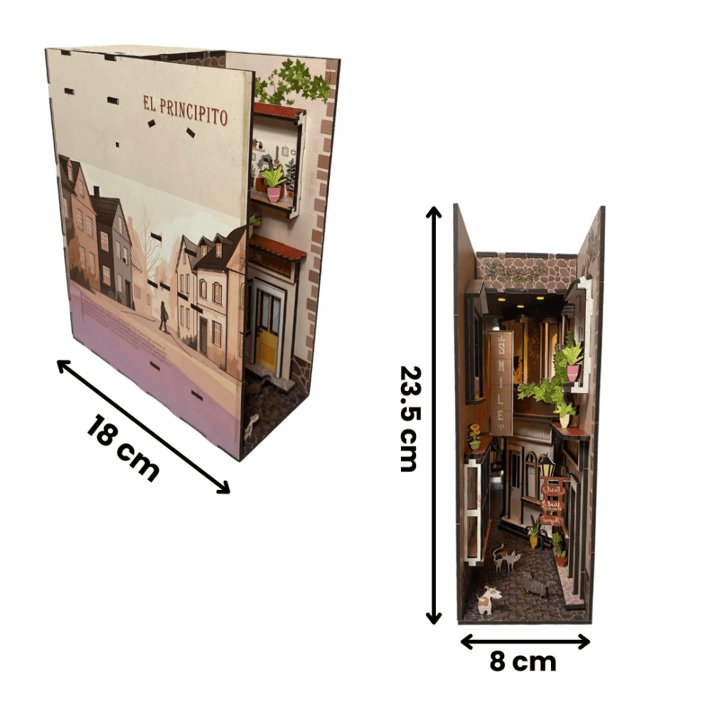 Modelo de rompecabezas en miniatura 3D para armar: rincón de libros de madera iluminado con LED