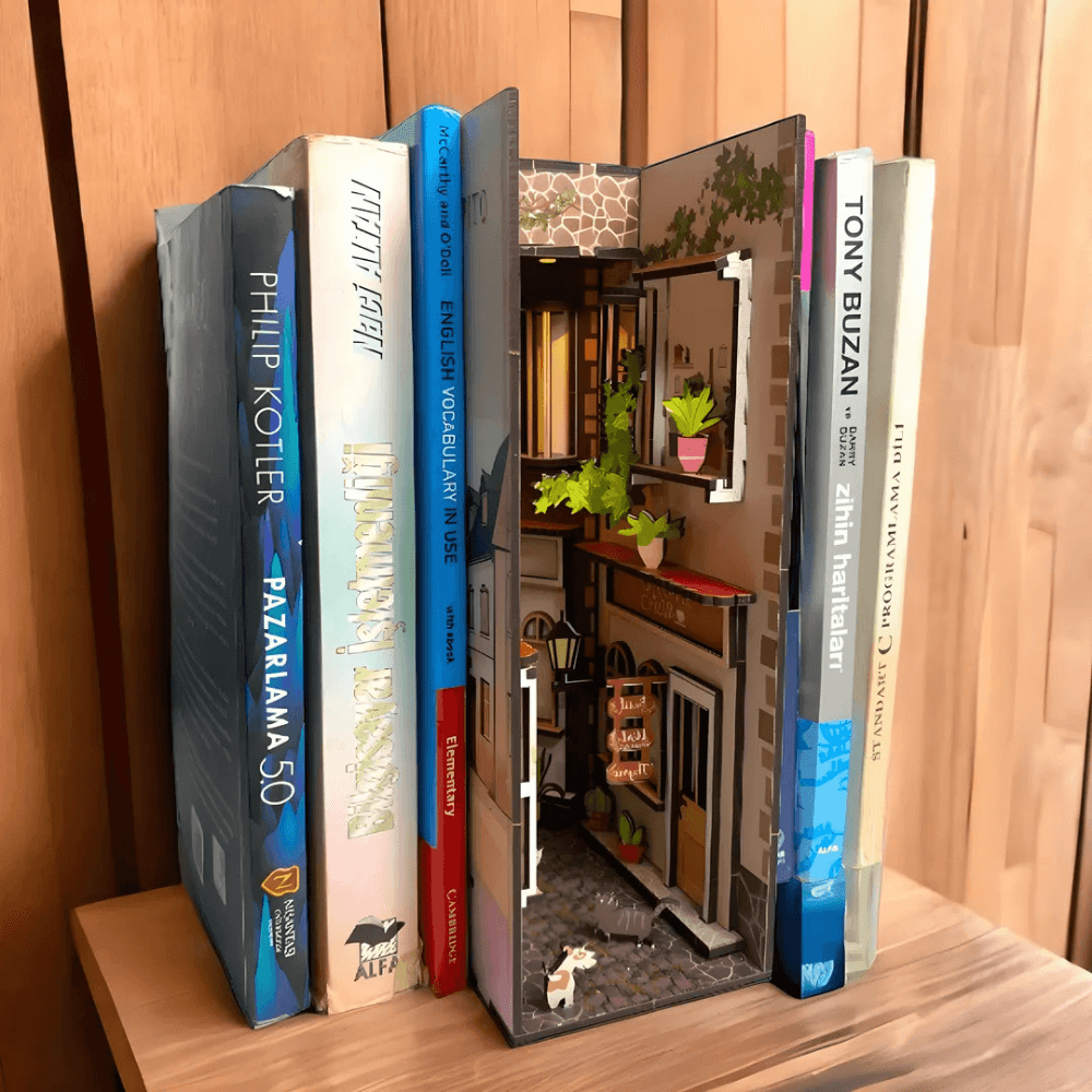 Modelo de rompecabezas en miniatura 3D para armar: rincón de libros de madera iluminado con LED