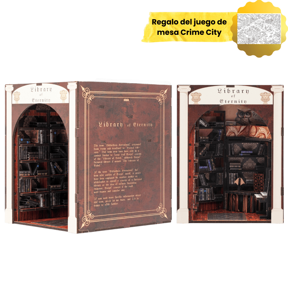 Modelo de rompecabezas en miniatura 3D para armar: biblioteca infinita de madera iluminada con LED