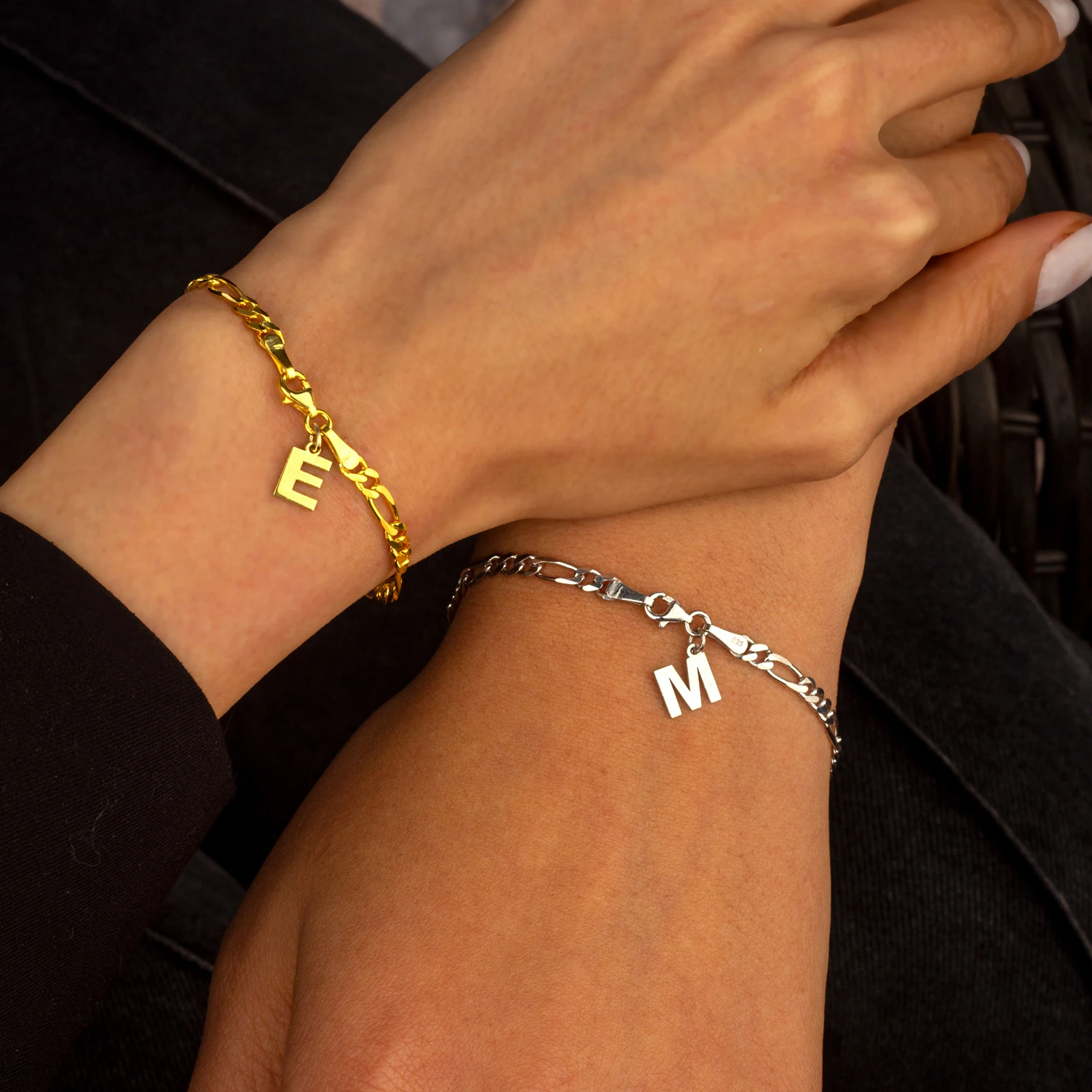 925 Gümüş | Harfli Figaro Çift Bileklik