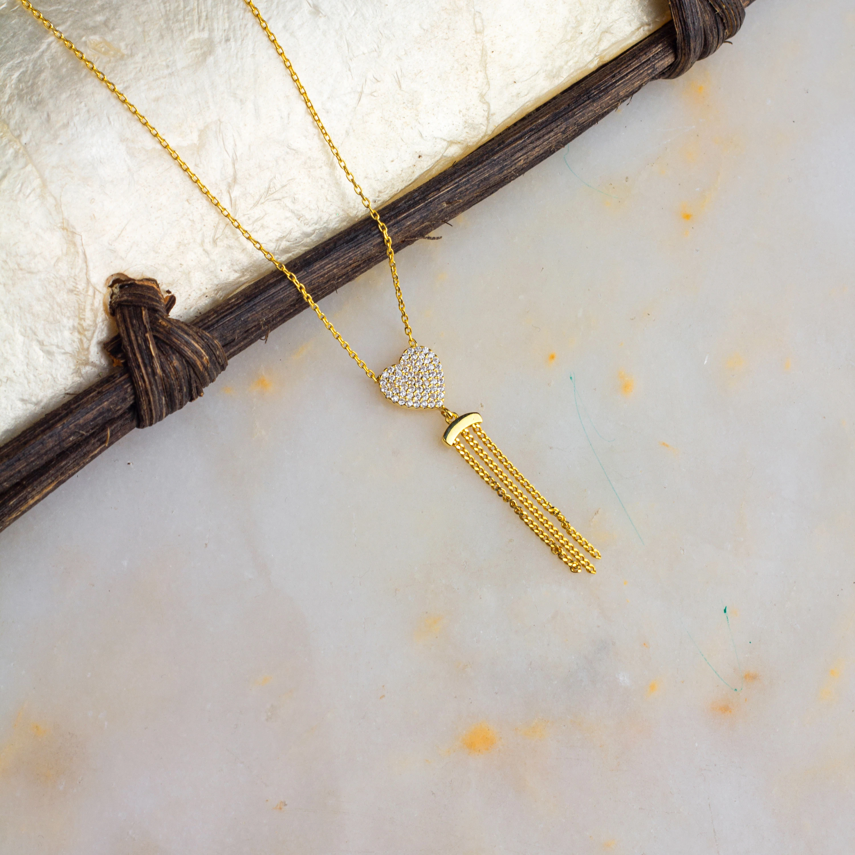 925 Gümüş | Sallantılı Zincirli Taşlı Kalp Kolye