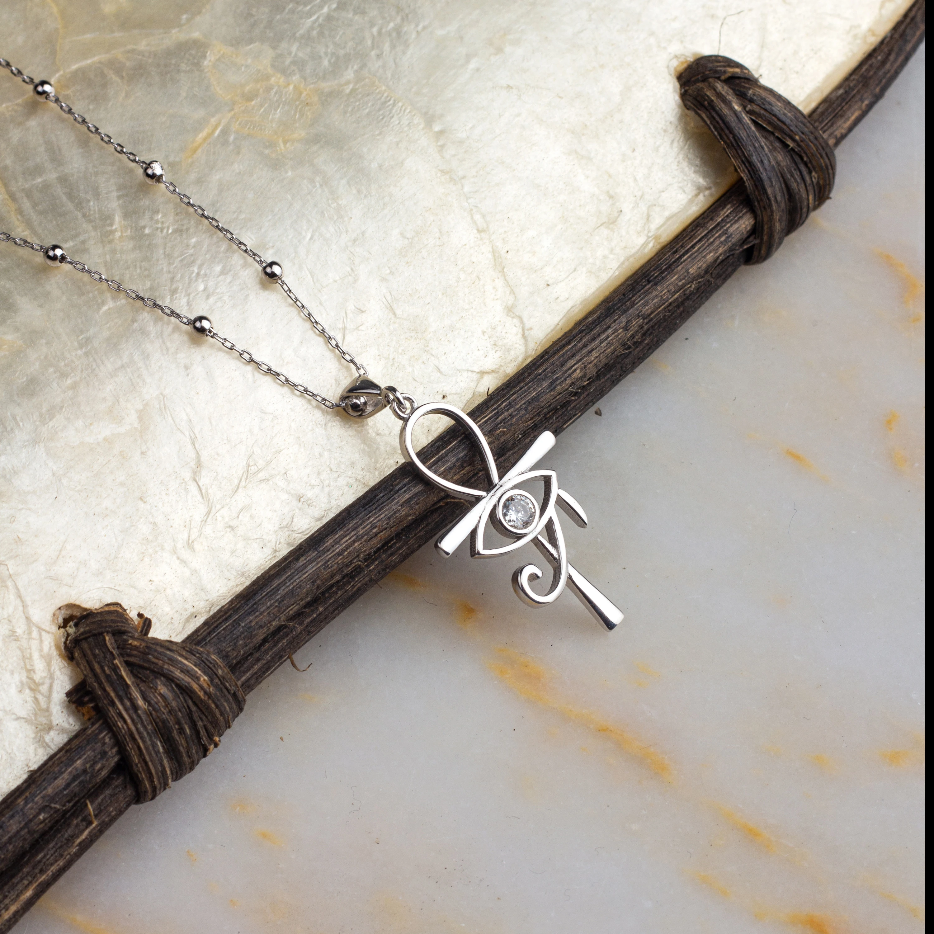 925 Gümüş | Toplu Zincirli Göz Detaylı Ankh RA Kolye