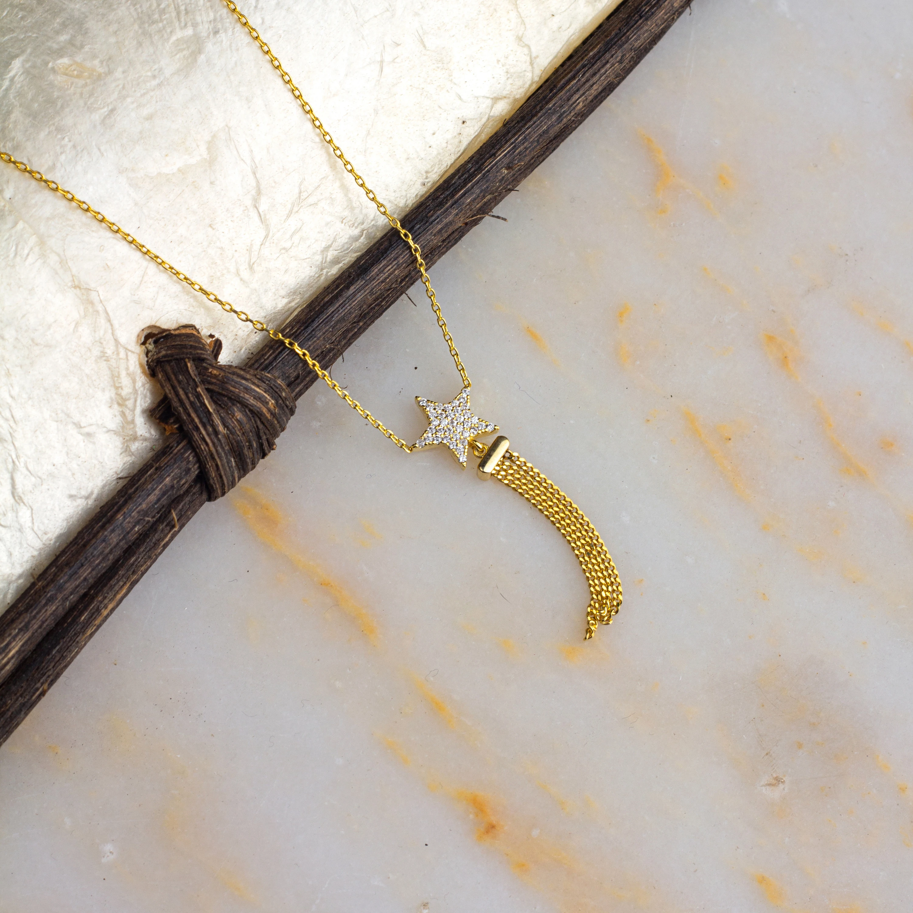 925 Gümüş | Sallantılı Zincirli Taşlı Yıldız Kolye