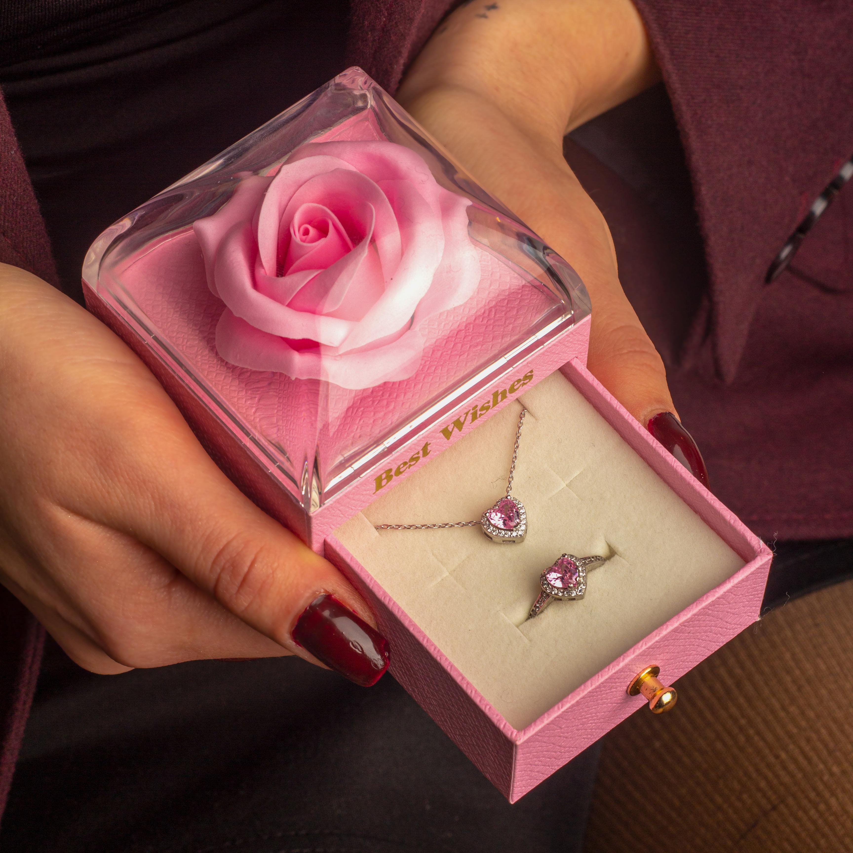925 Gümüş | Pembe Kalpli Taşlı Set