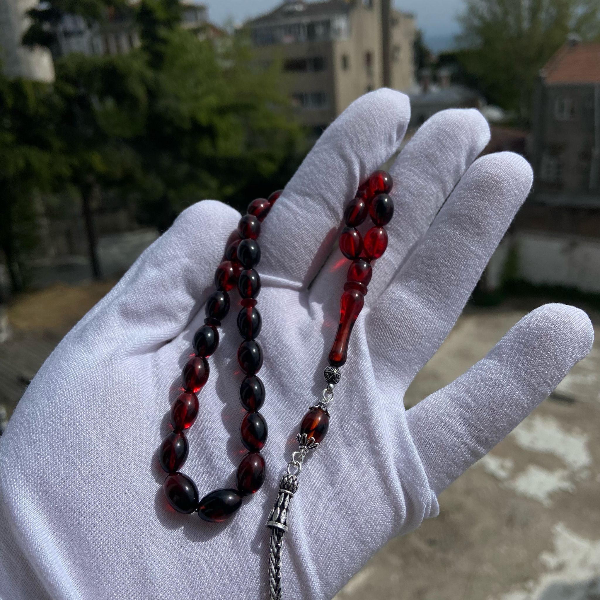 925 Gümüş Püsküllü Kırmızı Ateş Kehribarı Tespih