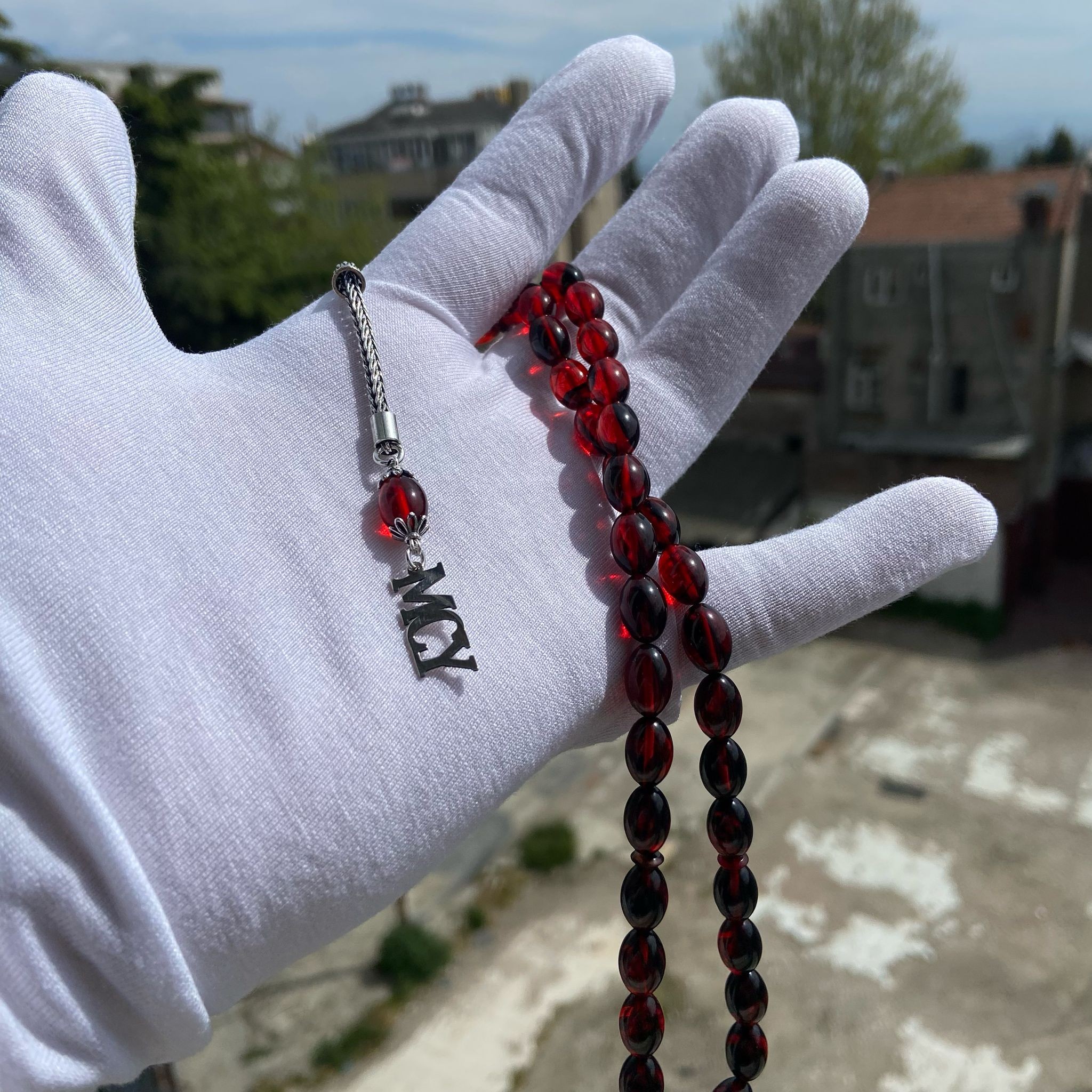 925 Gümüş Püsküllü Kırmızı Ateş Kehribarı Tespih