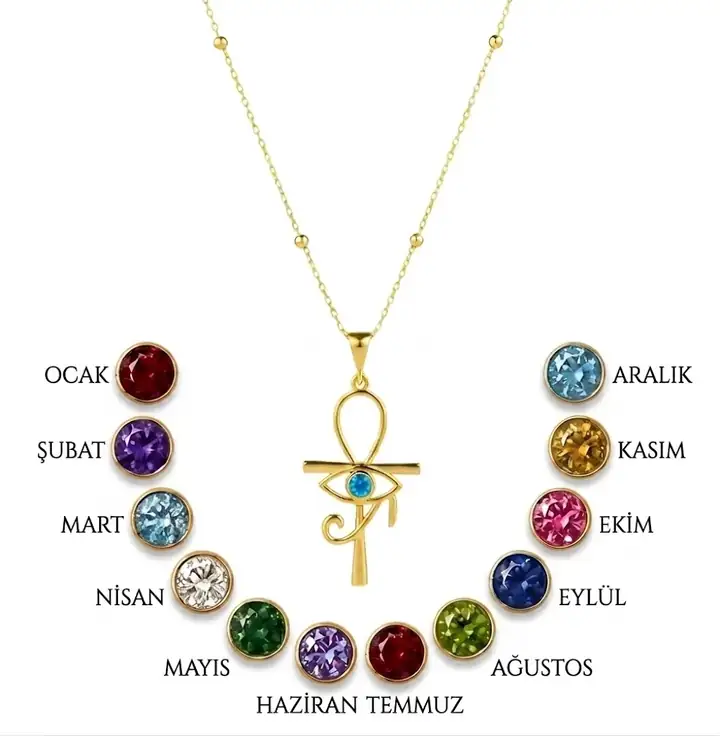 925 Gümüş | Birthstone Ankh Ra Madalyon Kolye