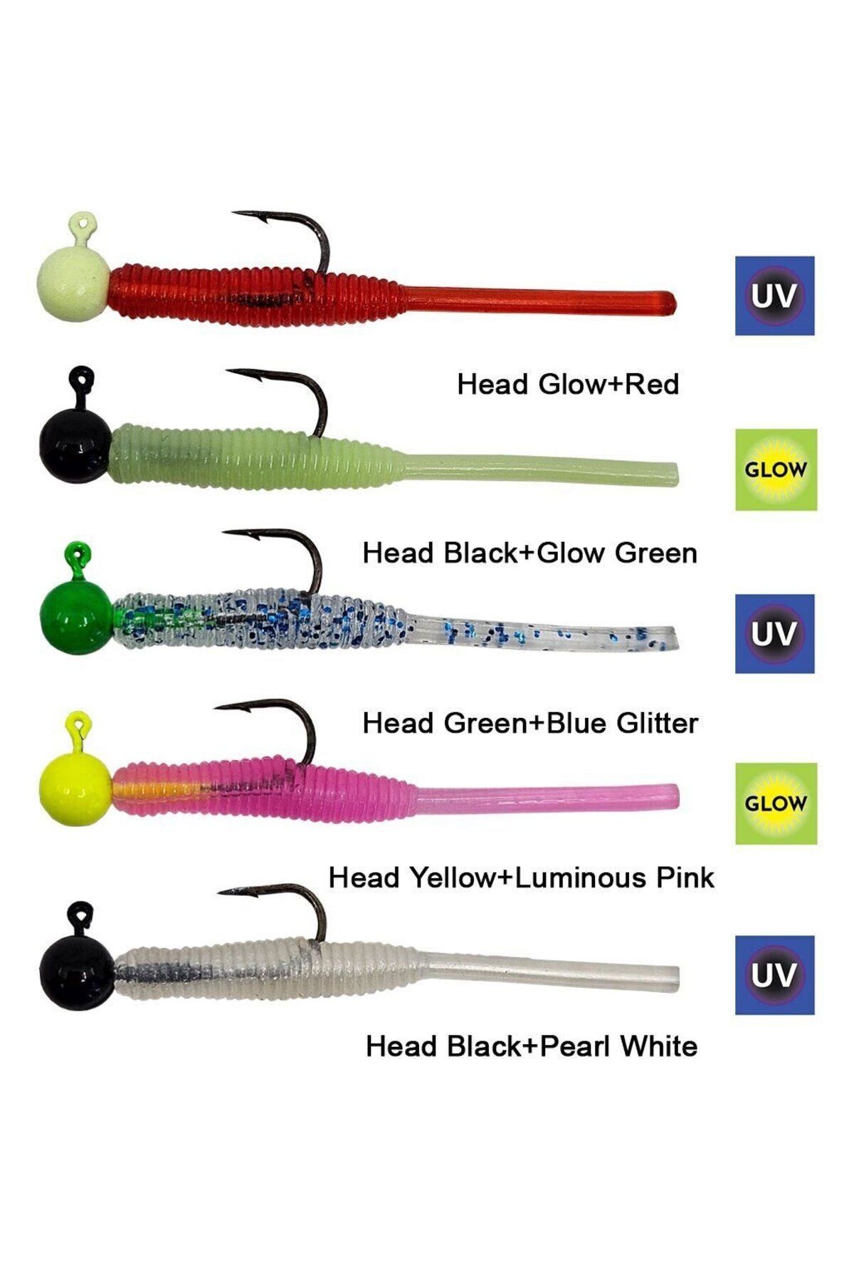 Hook Worm Jighead+Lrf Silikonu 1gr+4.5cm 5 Adet-Head Yellow+Luminous Pink