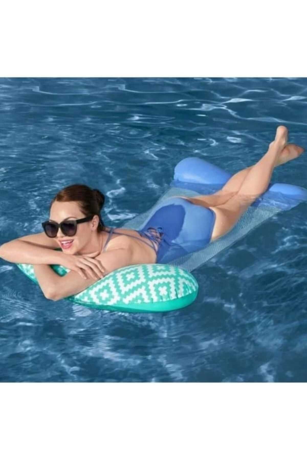 Fileli Deniz Yatağı - Yetişkinler için Şişme Su Hamakı – Baş Destekli Havuz Minderi-145x87 cm