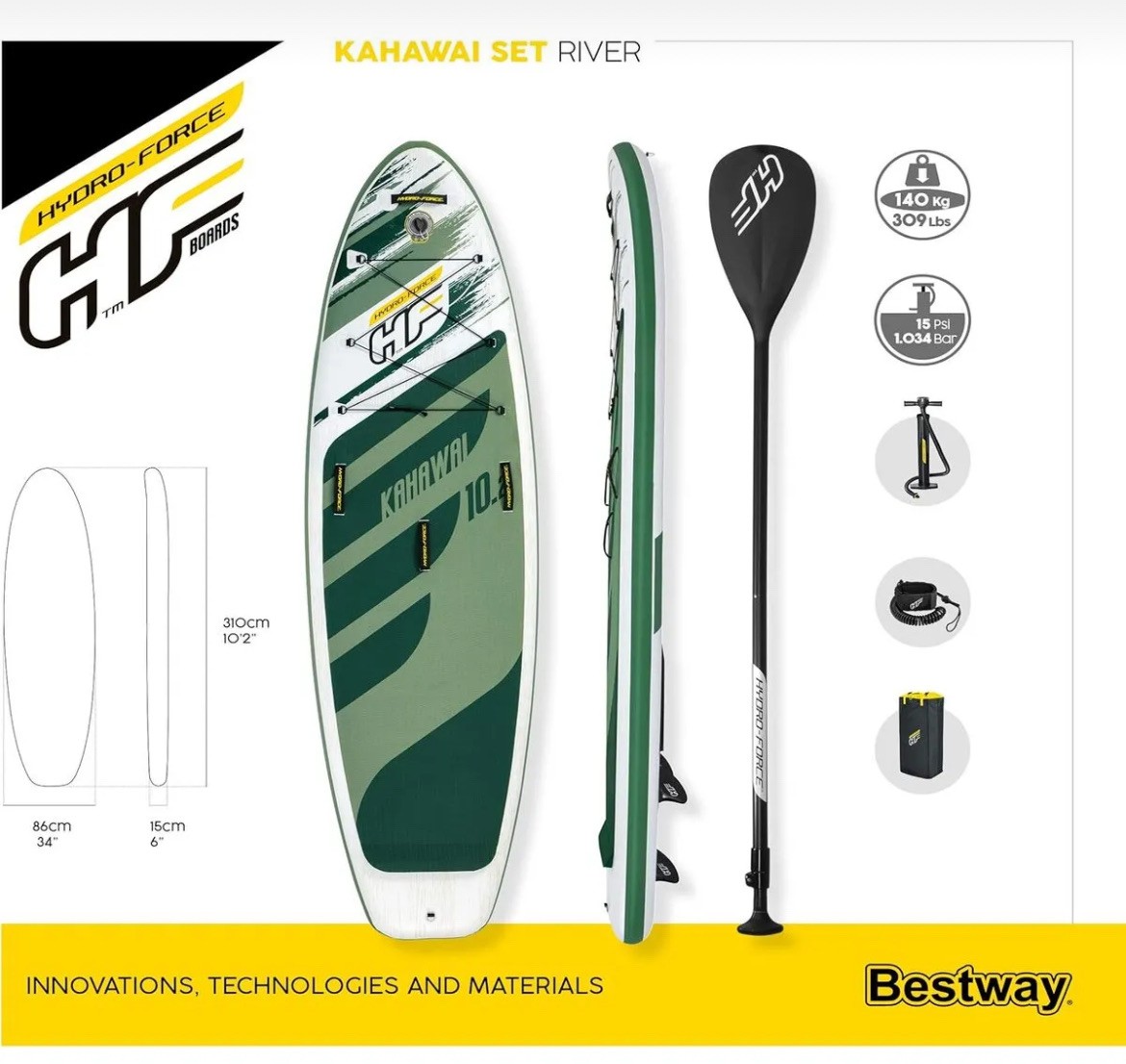 Bestway Hydro-Force Kahawai 65308 Kürekli Şişme SUP-Sörf Seti 310x86x15 cm 