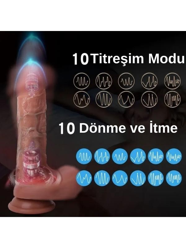 10 Titreşim Modlu Ultra Realistik Isıtma İleri Geri ve Dönme Fonksiyonlu Gerçekçi Vibratör 21 cm