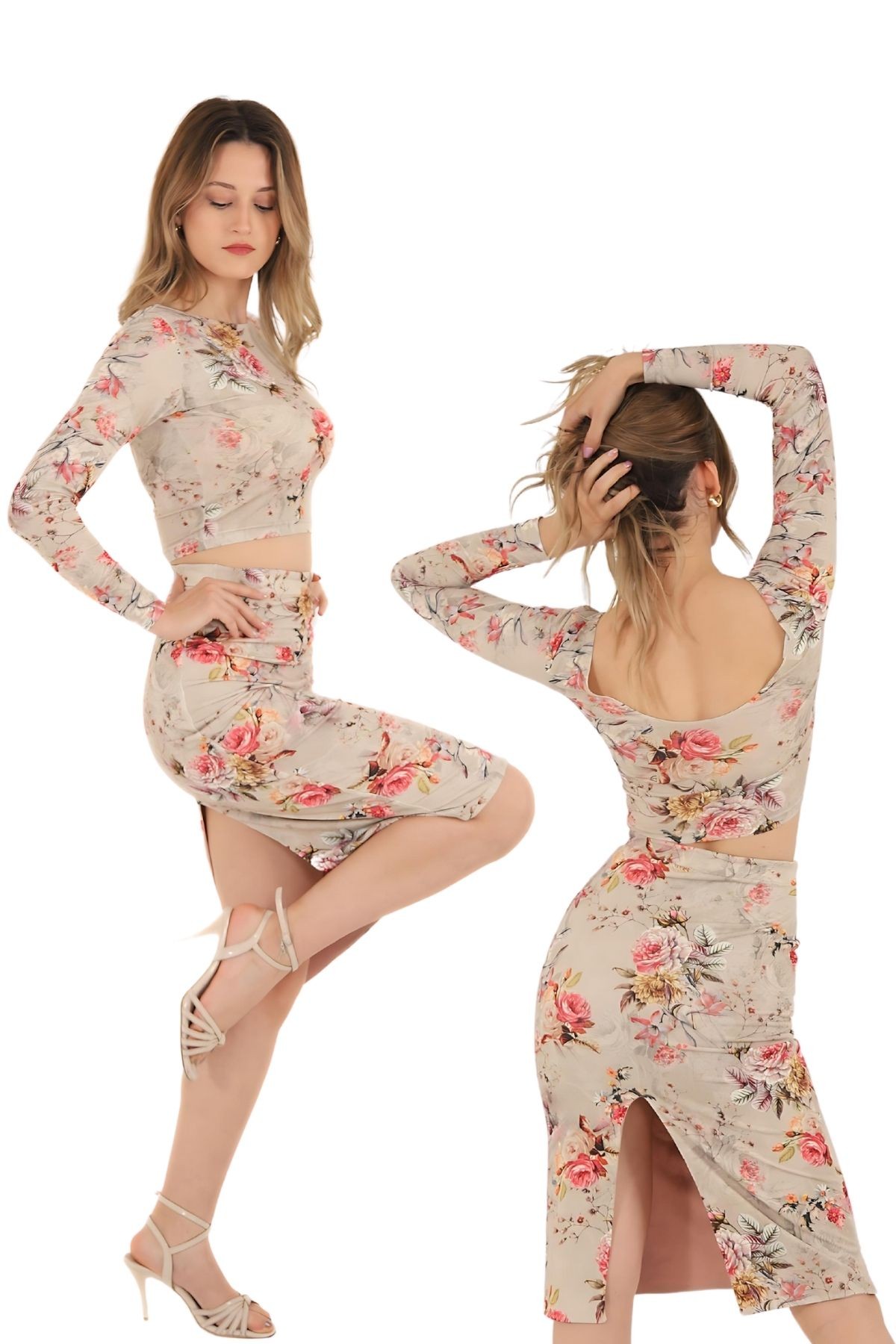 Long Sleeve Crop Blouse for Dance - floral beige