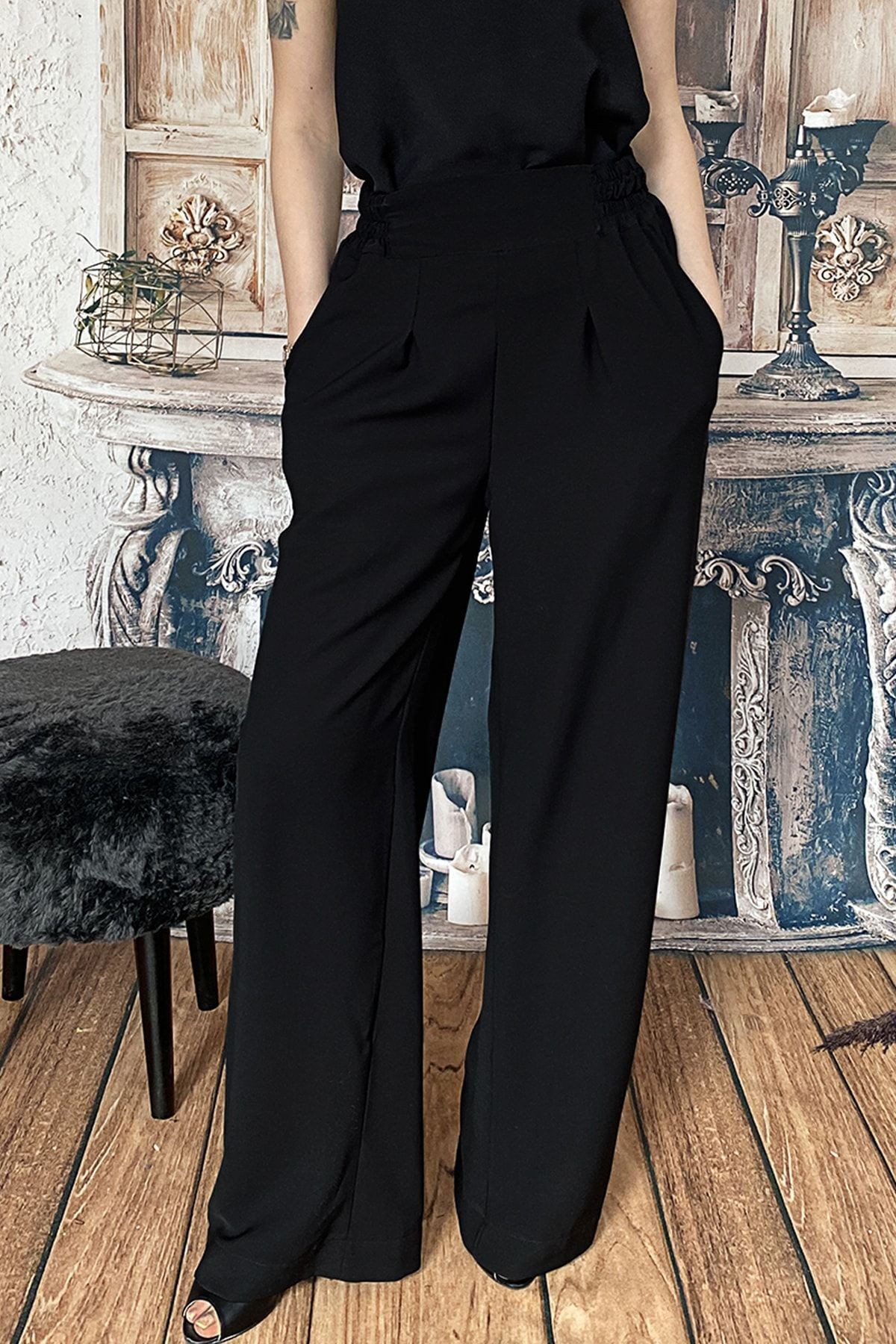 Pantalon Large Taille Haute avec Fronces pour Femme