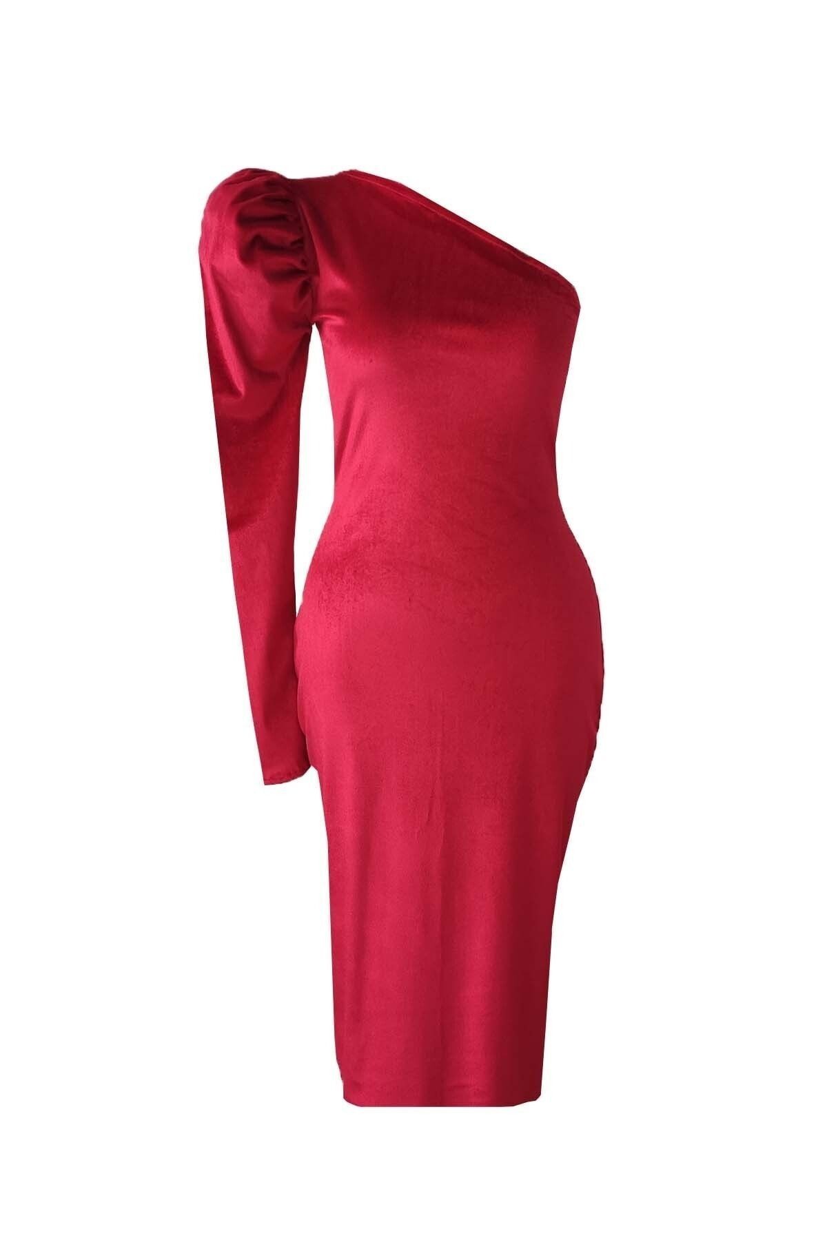 One Shoulder Velvet Dress with Watermelon Sleeves