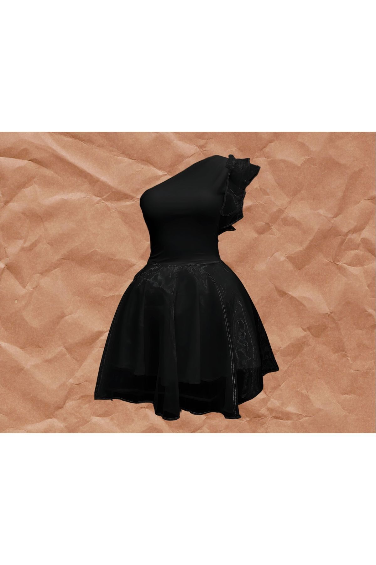 Mini-Abendkleid mit Tüll und Organza-Volants an Einer Schulter - Abschlusskleid