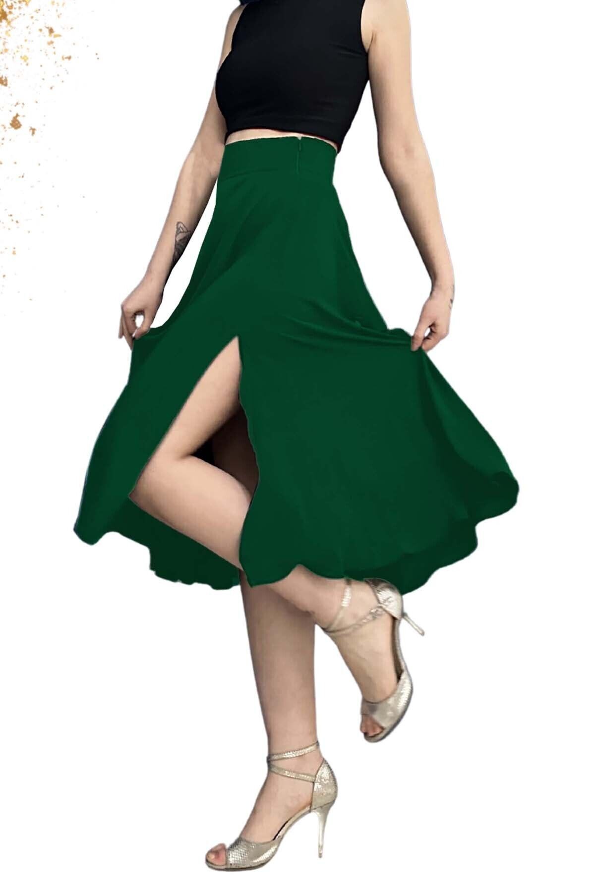 Jupe Tango à Taille Haute avec Double Fente - vert