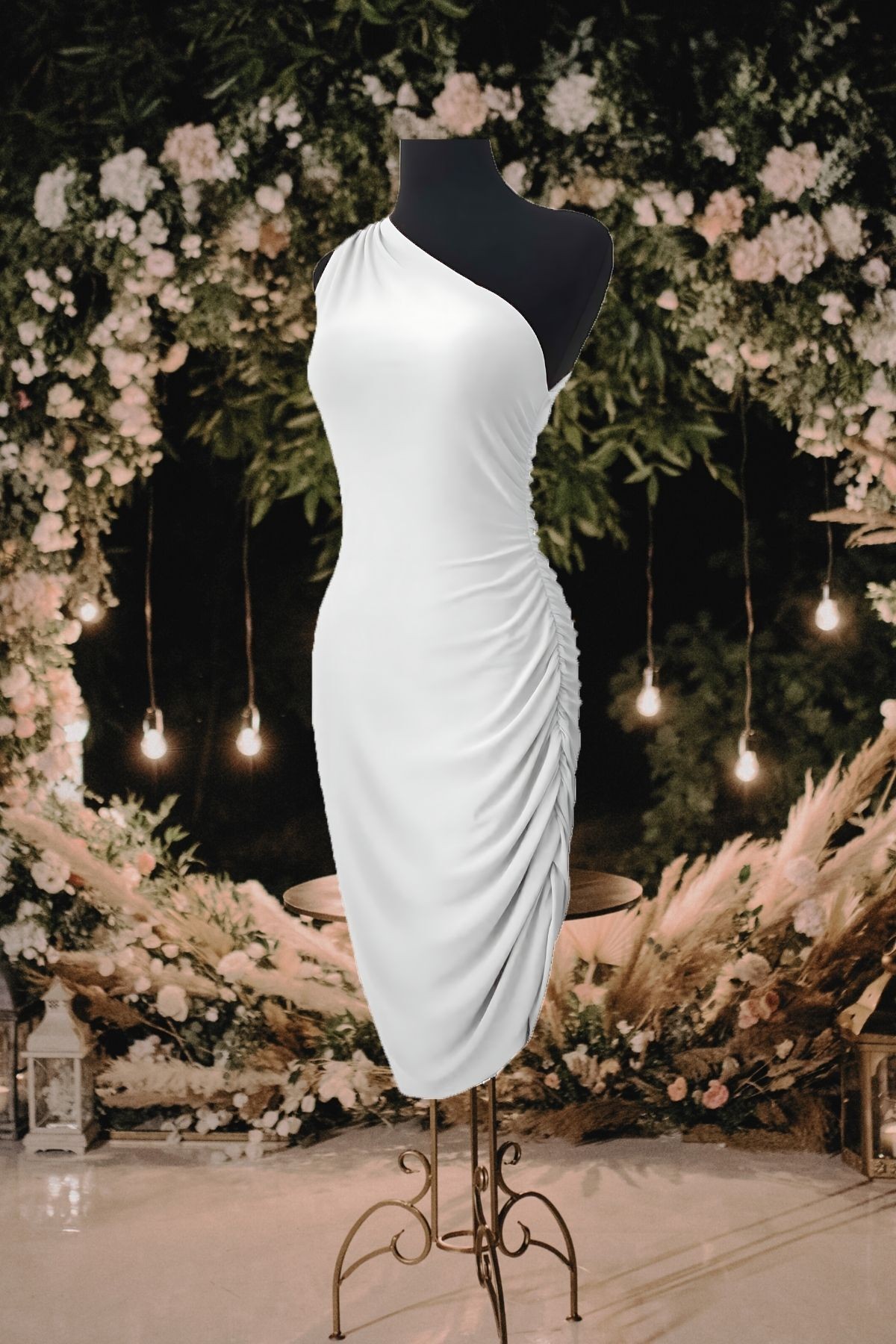 One-Shoulder-Hochzeitskleid mit Falten, Midi-Kleid