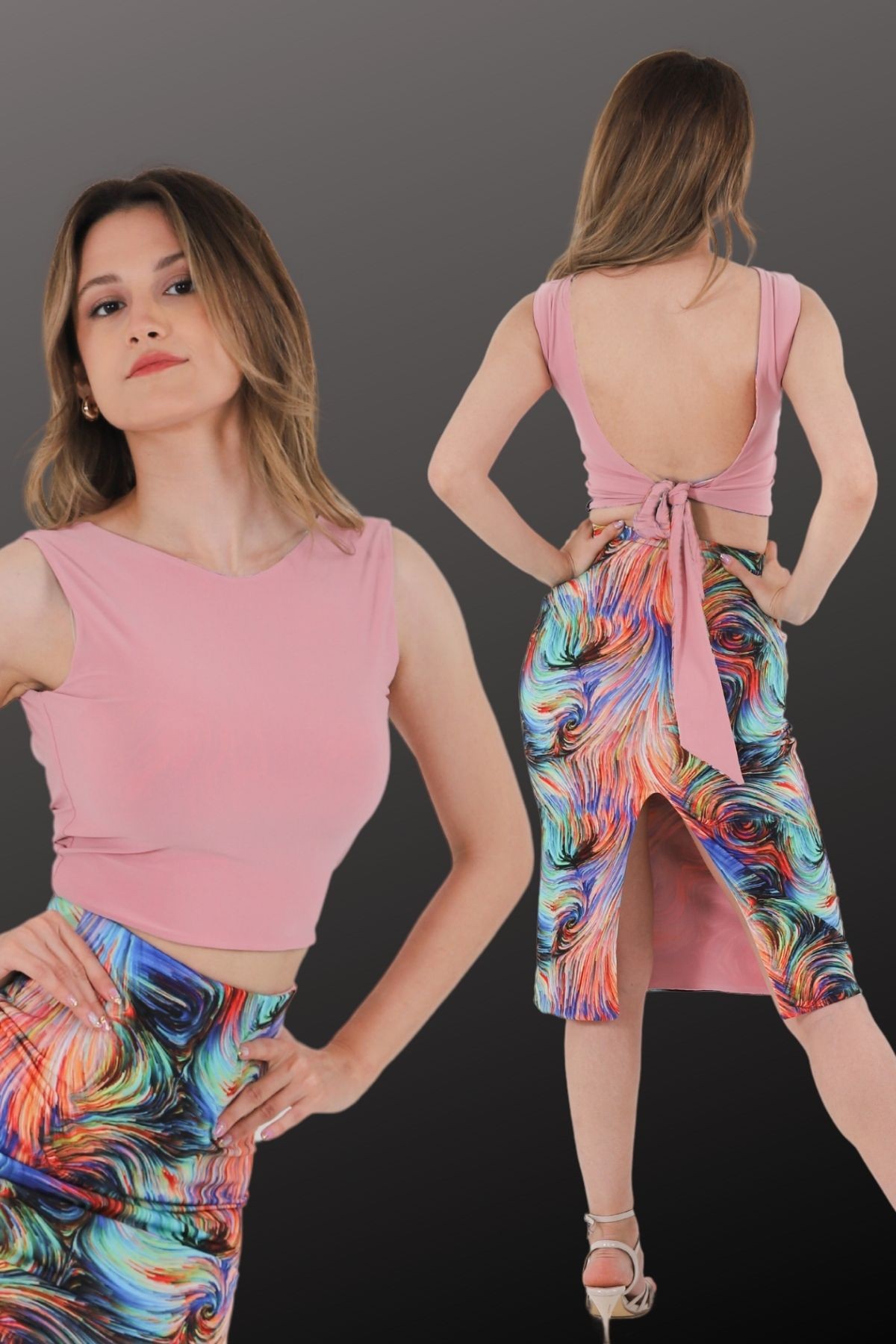 Crop Top con Allacciatura sulla Schiena per Donna - Rosa cipria