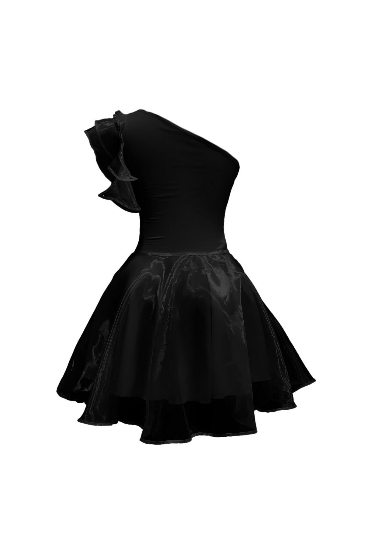 Mini-Abendkleid mit Tüll und Organza-Volants an Einer Schulter - Abschlusskleid