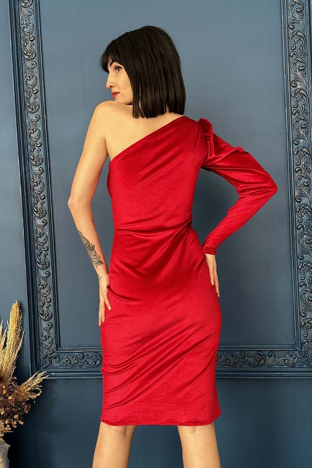 Robe en Velours à Une Épaule avec Manches Bouffantes pour Femme