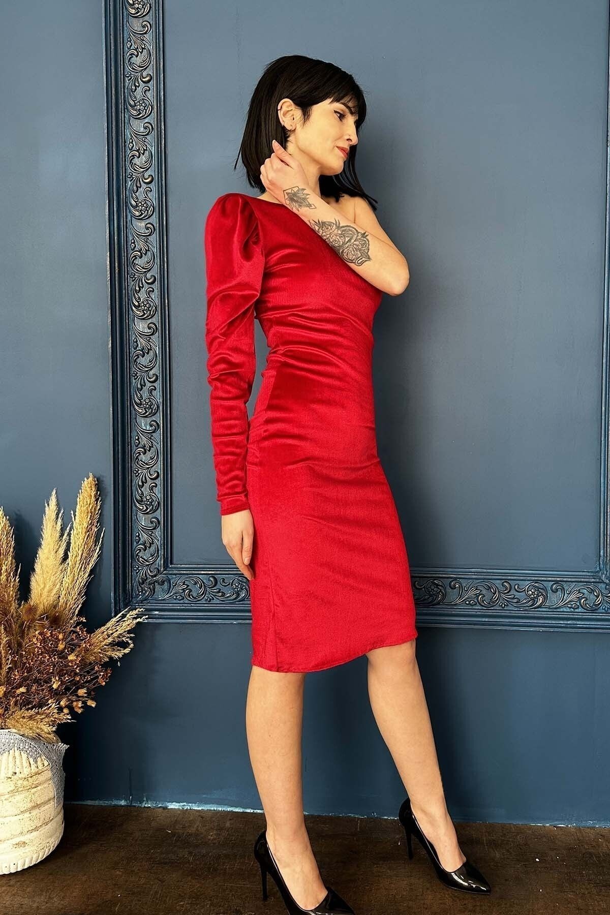 Robe en Velours à Une Épaule avec Manches Bouffantes pour Femme