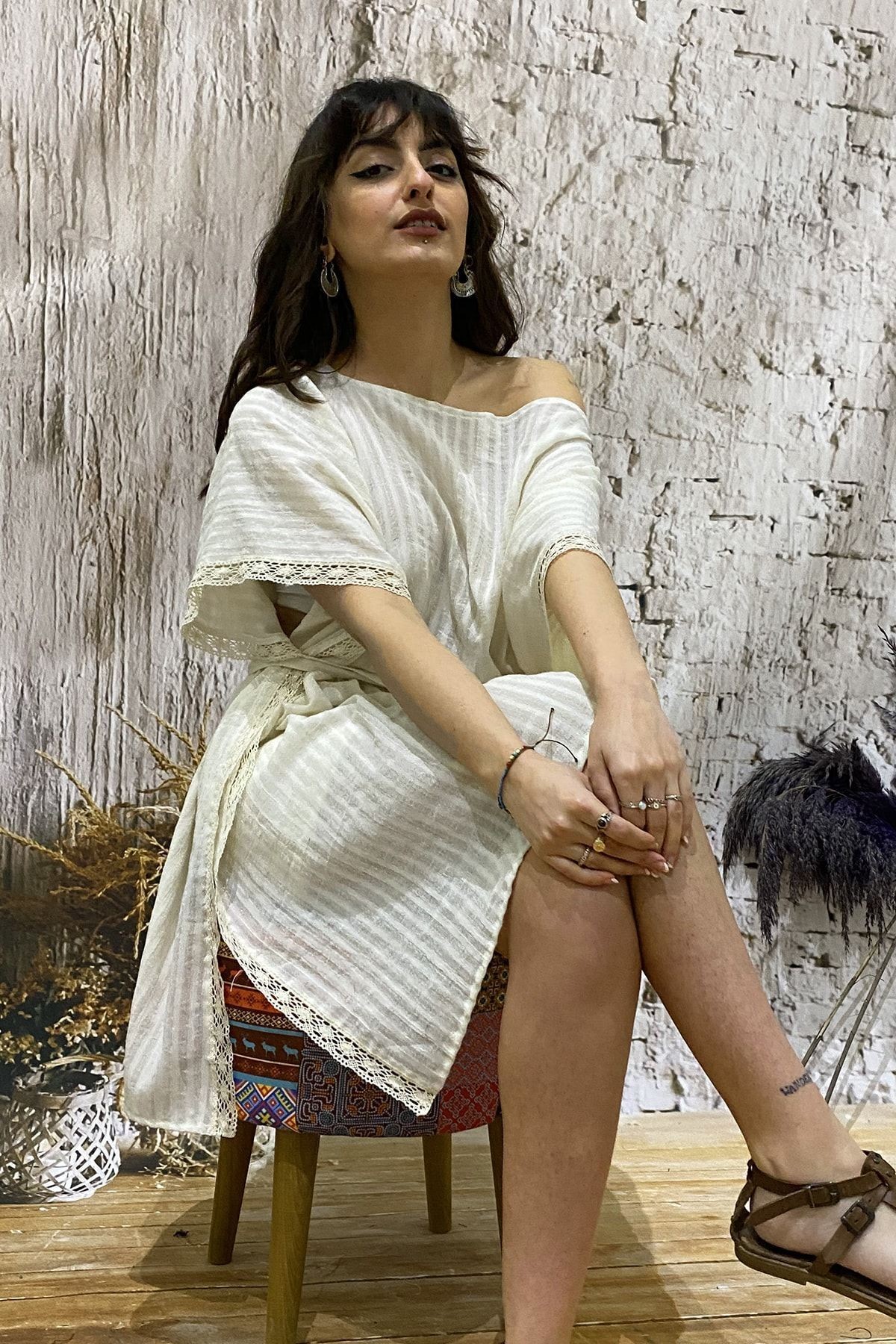 Natural Ribbed Poncho Dress with Belt