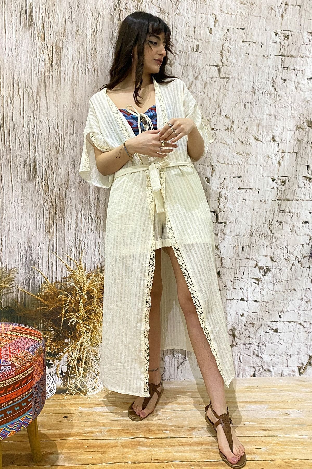 Kimono en Coton Naturel avec Bande en Dentelle