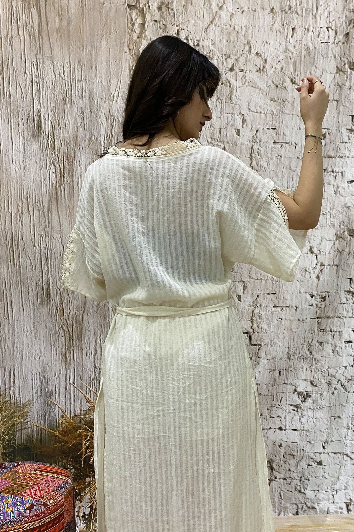 Kimono en Coton Naturel avec Bande en Dentelle