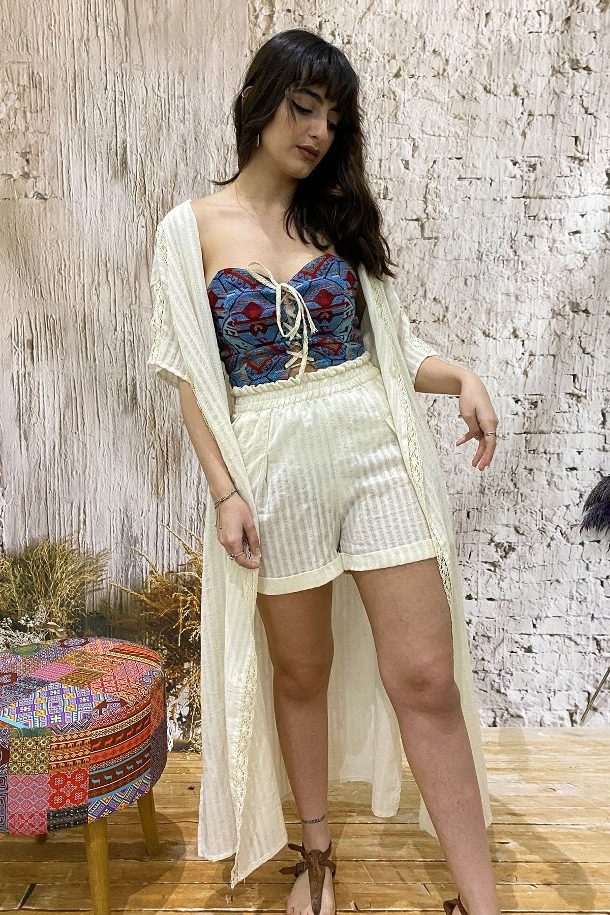 Kimono en Coton Naturel avec Bande en Dentelle