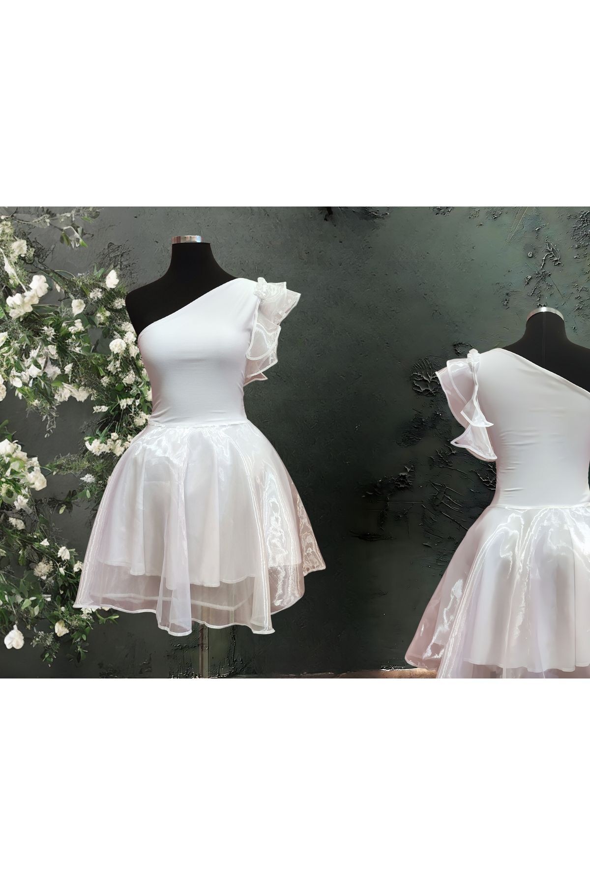 Mini-Abendkleid mit Tüll und Organza-Volants an Einer Schulter - Abschlusskleid