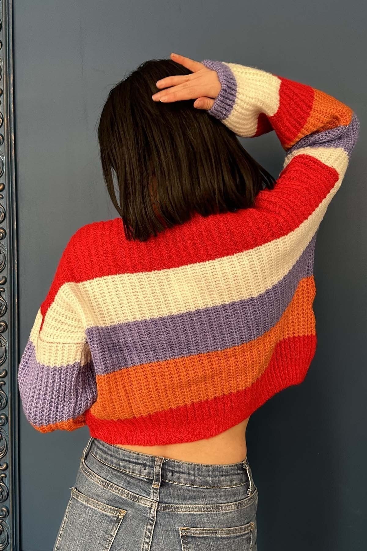 Striped Oversize Crew Neck Crop Sweater